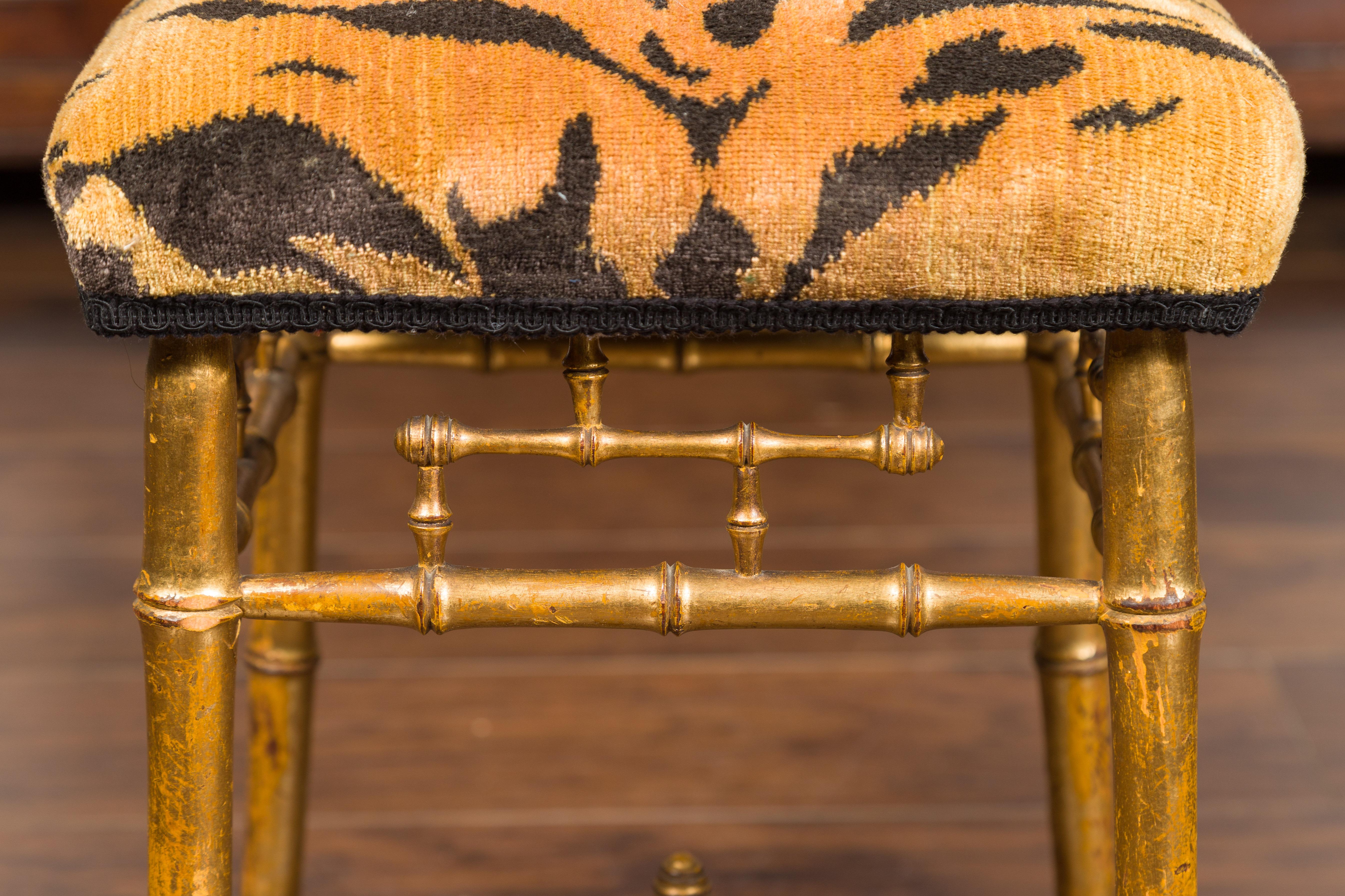 English 1840s Chinese Chippendale Style Gilt Faux Bamboo Stool with Tiger Fabric 1