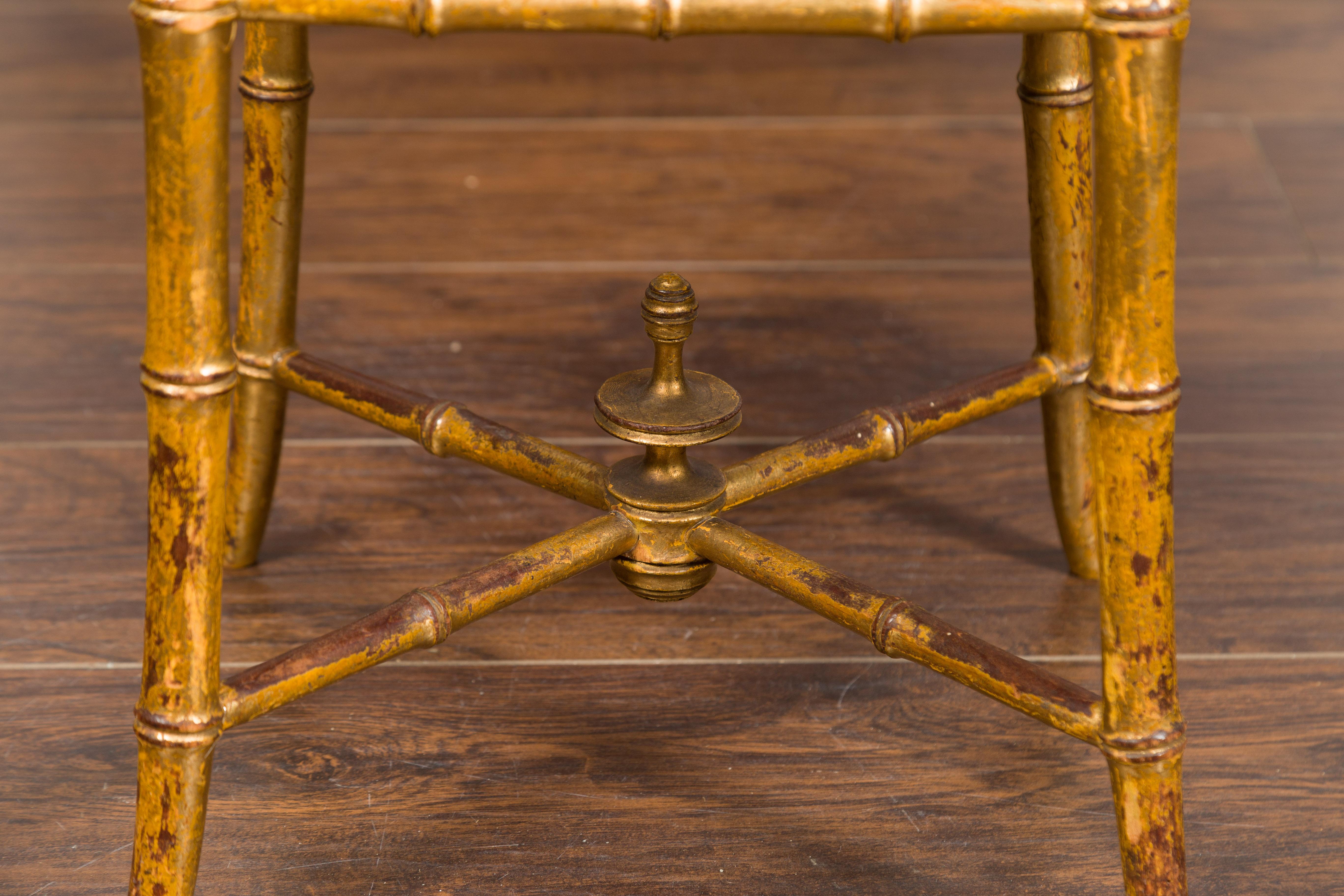 English 1840s Chinese Chippendale Style Gilt Faux Bamboo Stool with Tiger Fabric 2