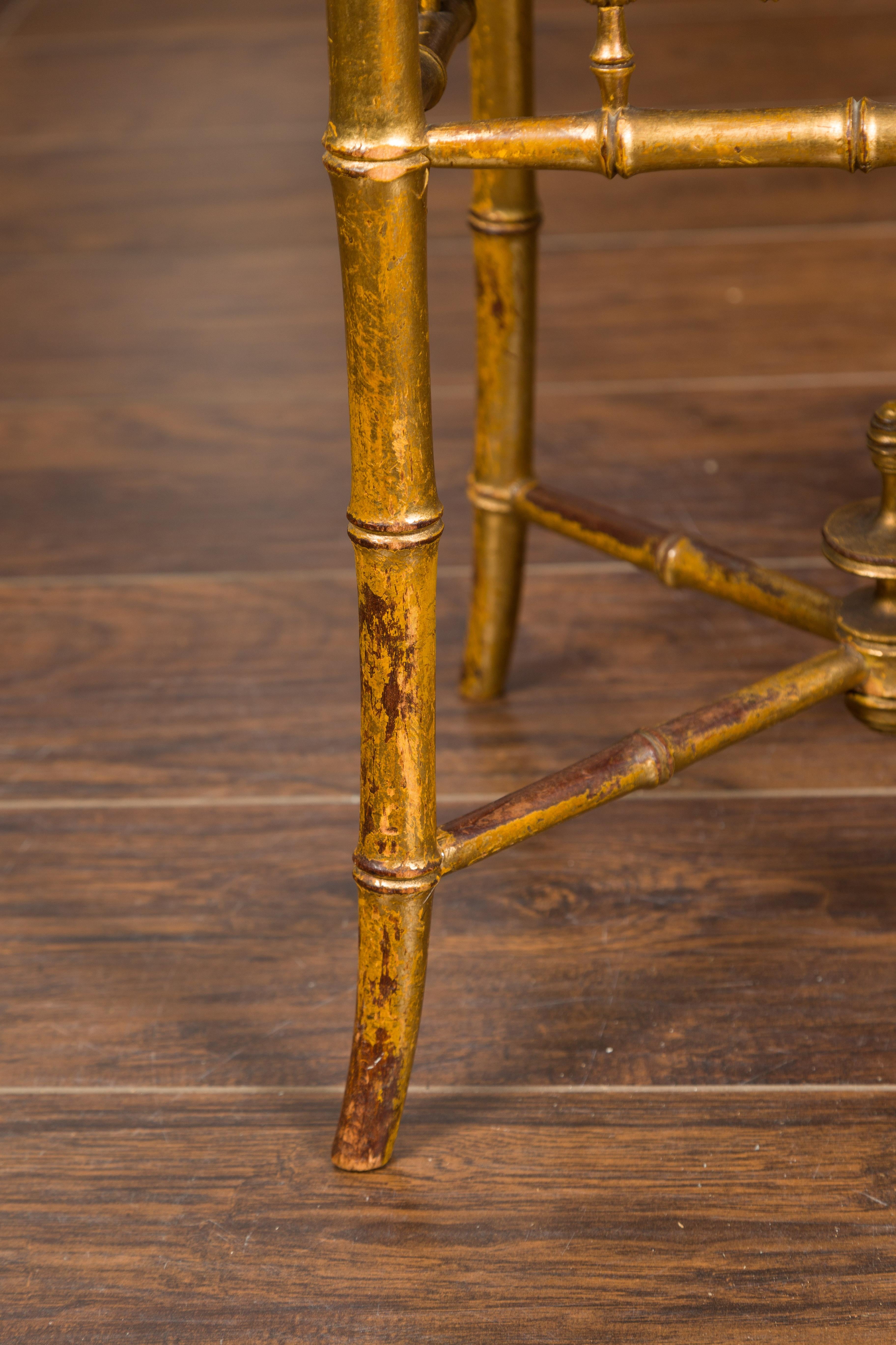 English 1840s Chinese Chippendale Style Gilt Faux Bamboo Stool with Tiger Fabric 3