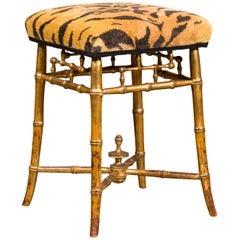 Antique English 1840s Chinese Chippendale Style Gilt Faux Bamboo Stool with Tiger Fabric