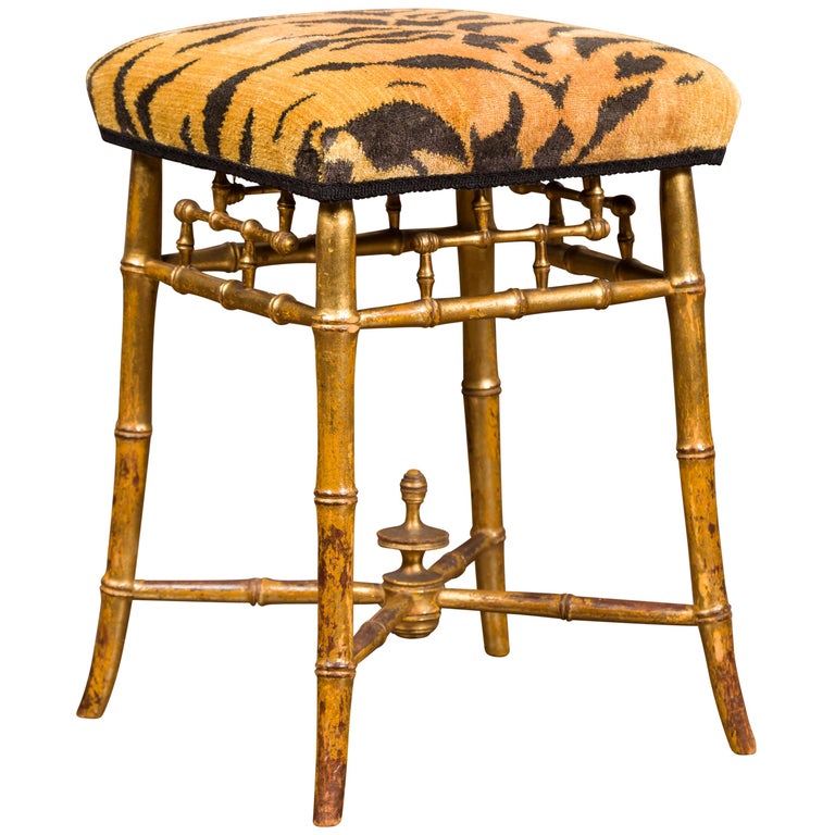 1840s Chinese Chippendale Style Gilt, Faux Bamboo Metal Bar Stools