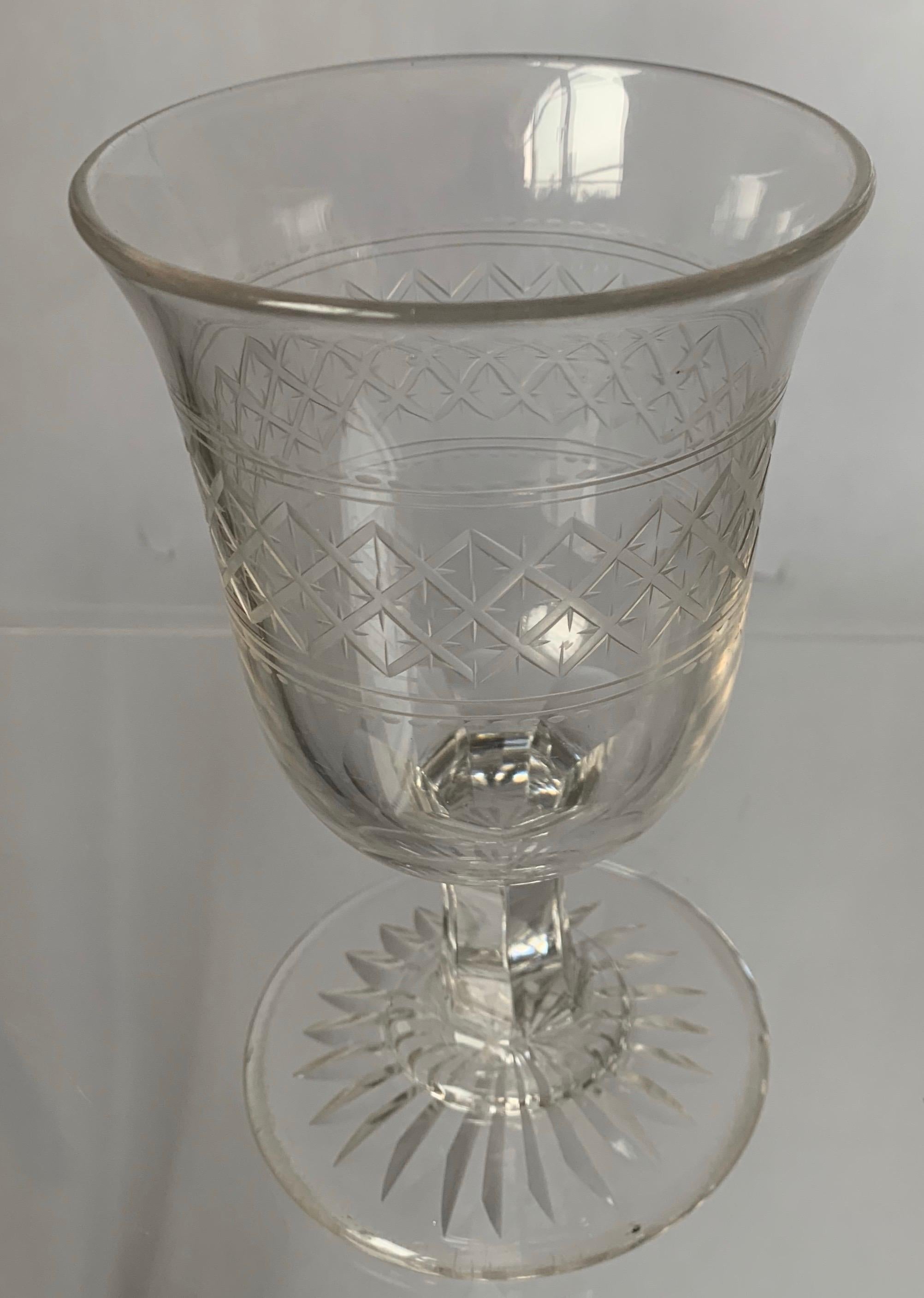 Cut glass chalice from England, circa 1840. Cut glass with no restoration.
Provenance: purchased from Taylor B. Williams Antiques. Chicago, Illinois.