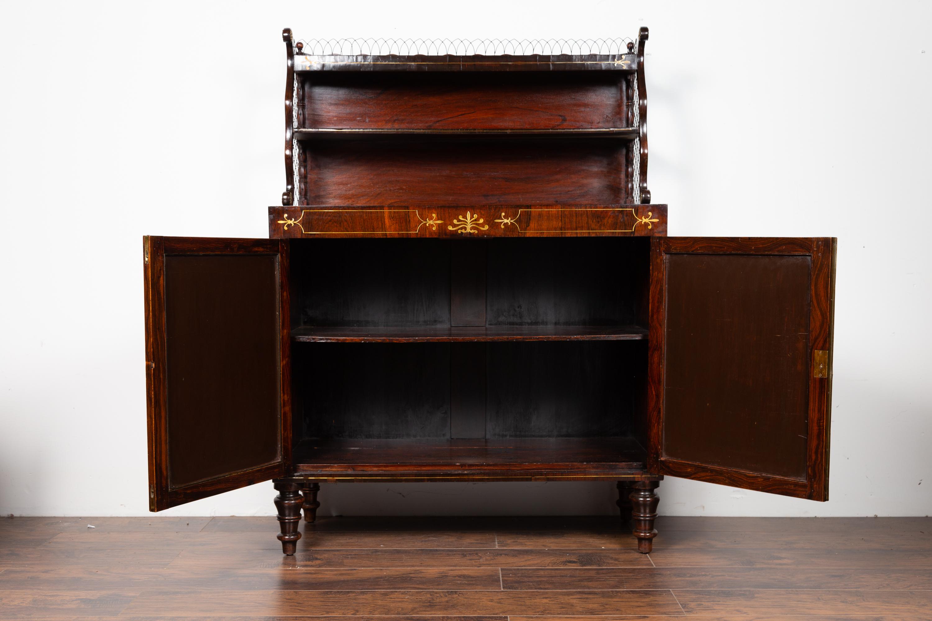 English 1840s Mahogany Cabinet with Faux-Book Doors and Open Shelves 5