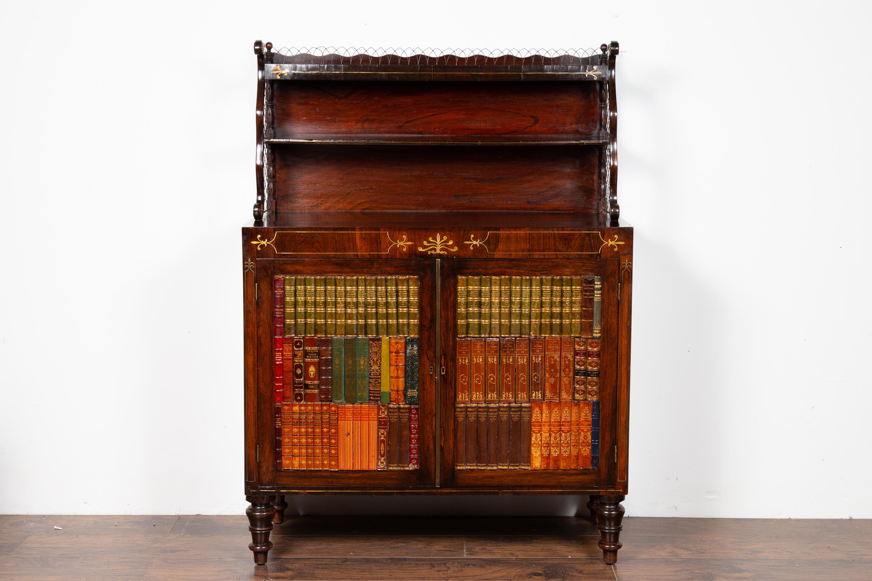 Gilt English 1840s Mahogany Cabinet with Faux-Book Doors and Open Shelves