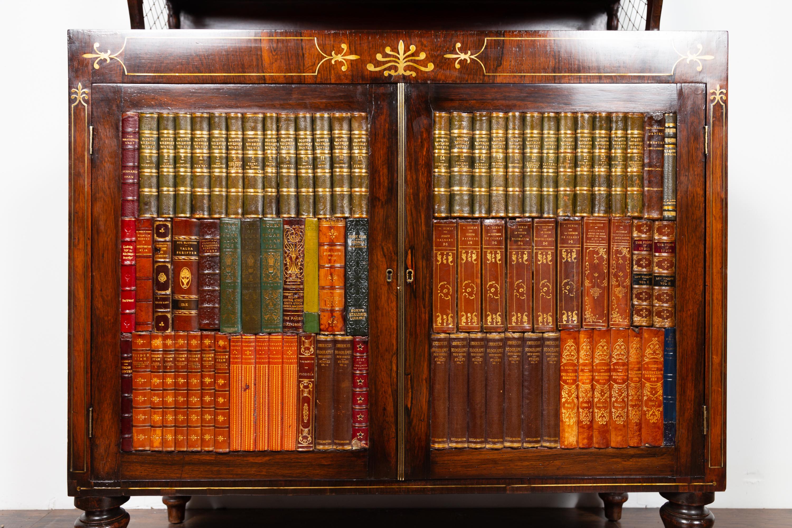 English 1840s Mahogany Cabinet with Faux-Book Doors and Open Shelves 2