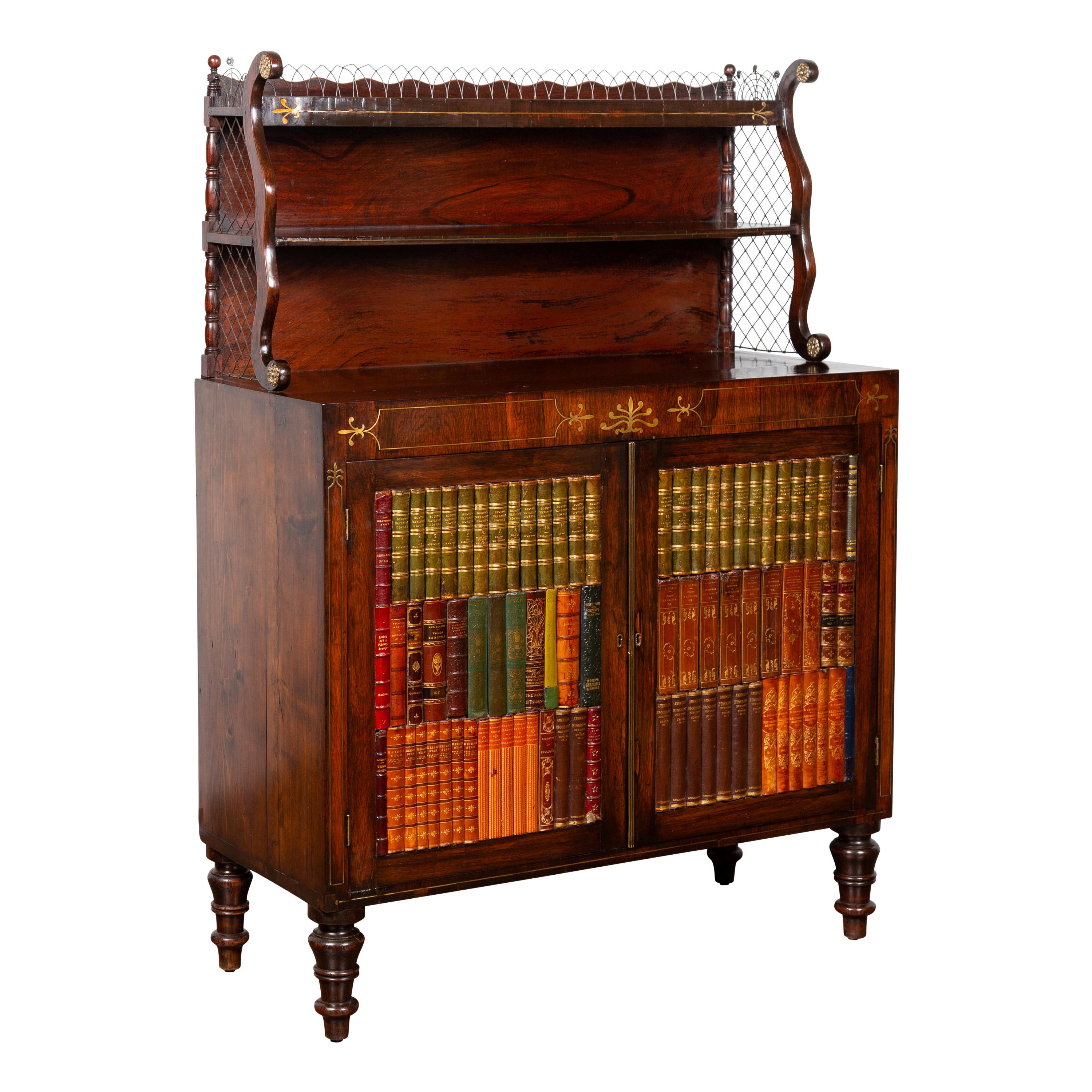 English 1840s Mahogany Cabinet with Faux-Book Doors and Open Shelves