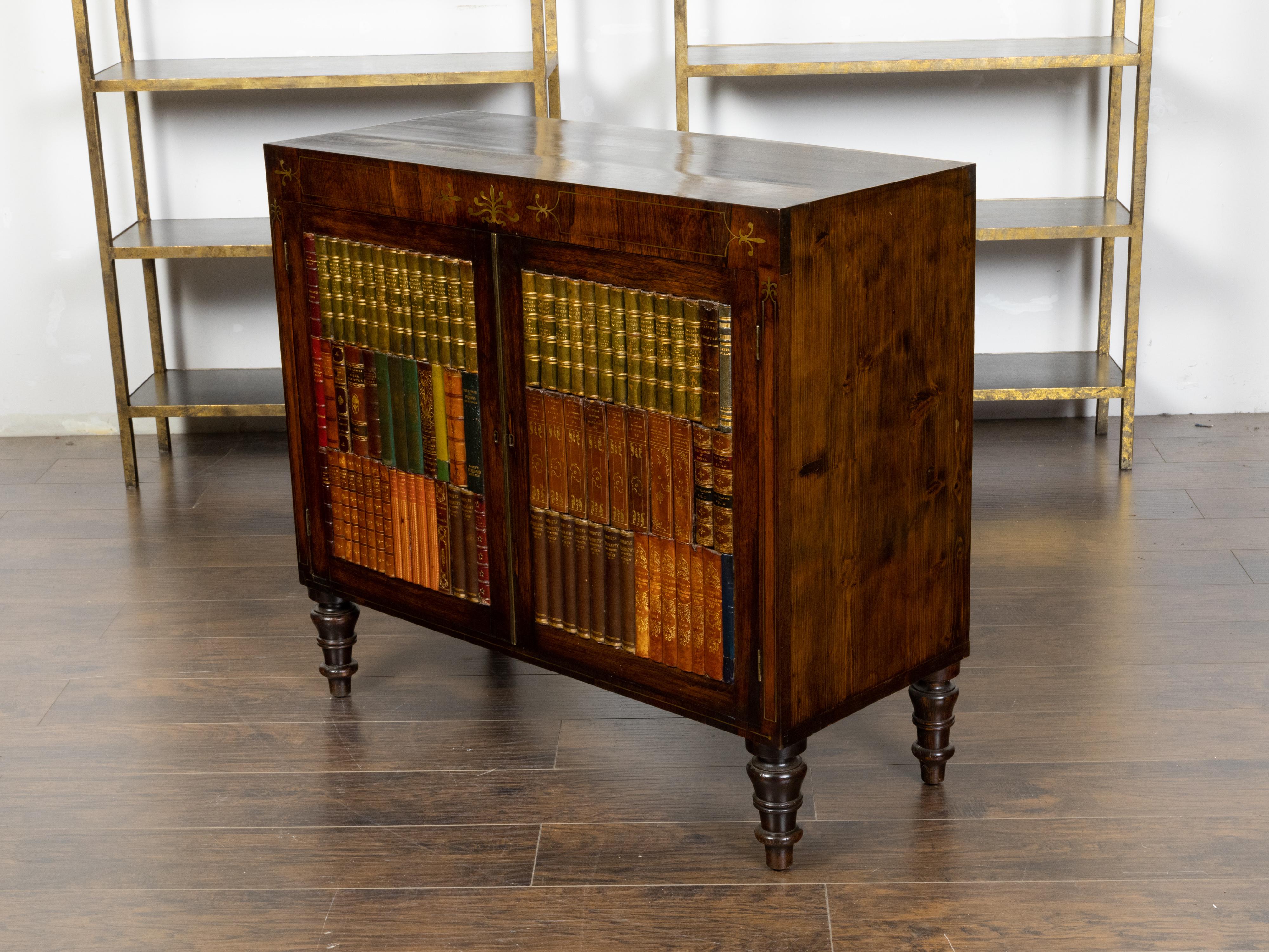 English 1840s Mahogany Cabinet with Leather Faux Books and Foliage Inlay In Good Condition For Sale In Atlanta, GA
