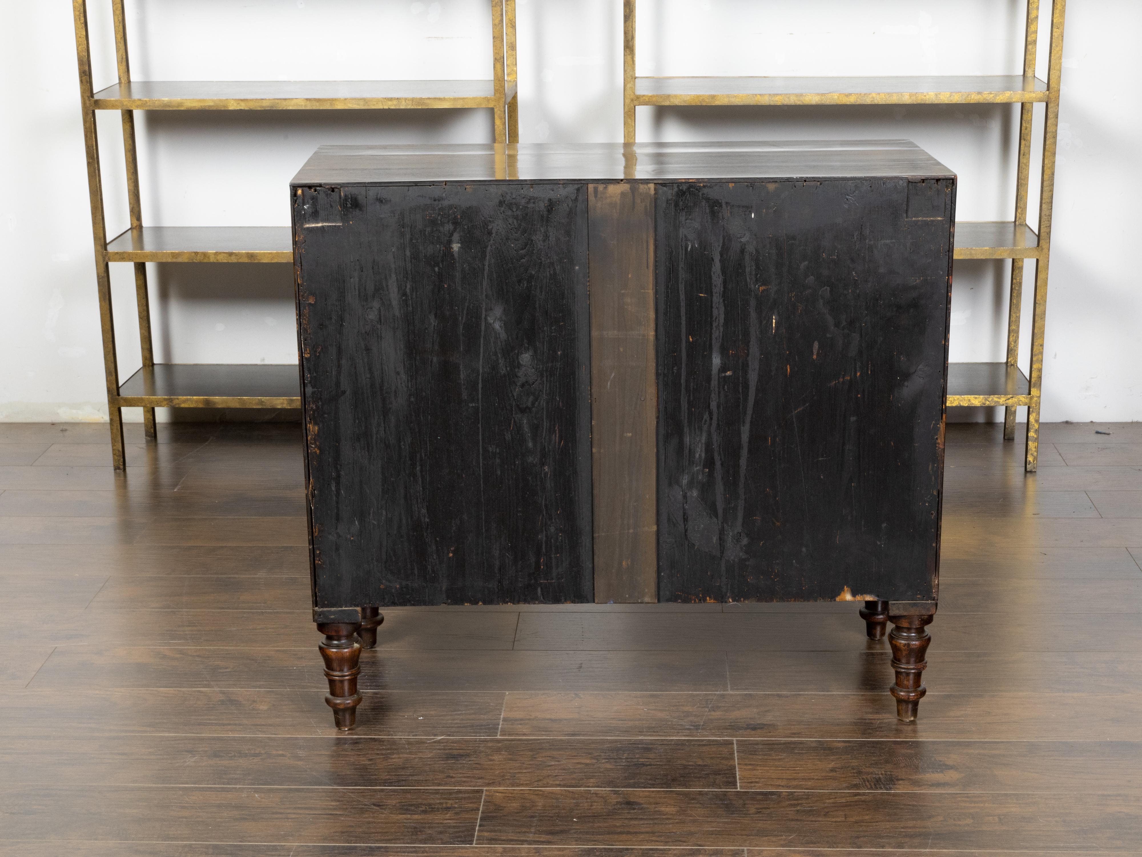 Brass English 1840s Mahogany Cabinet with Leather Faux Books and Foliage Inlay For Sale