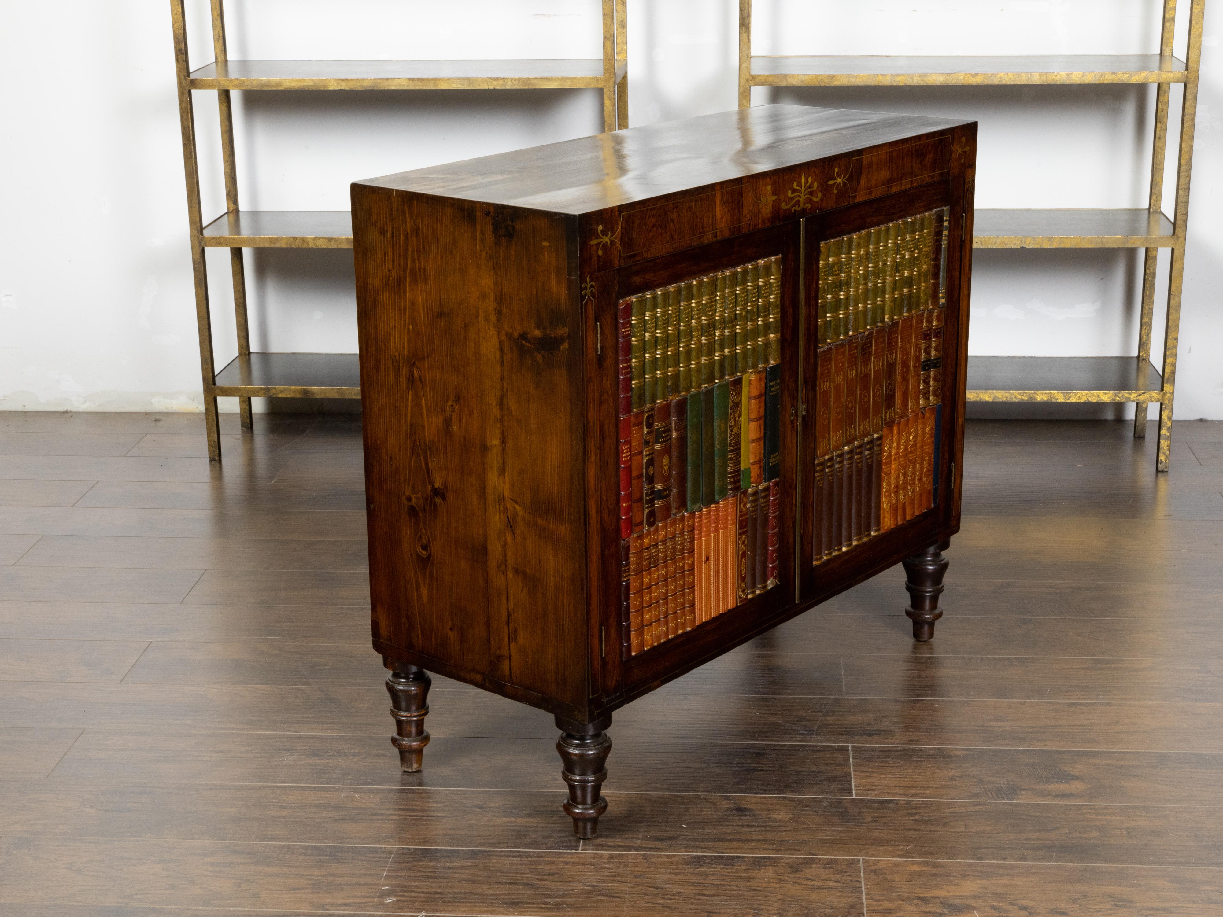 English 1840s Mahogany Cabinet with Leather Faux Books and Foliage Inlay For Sale 2