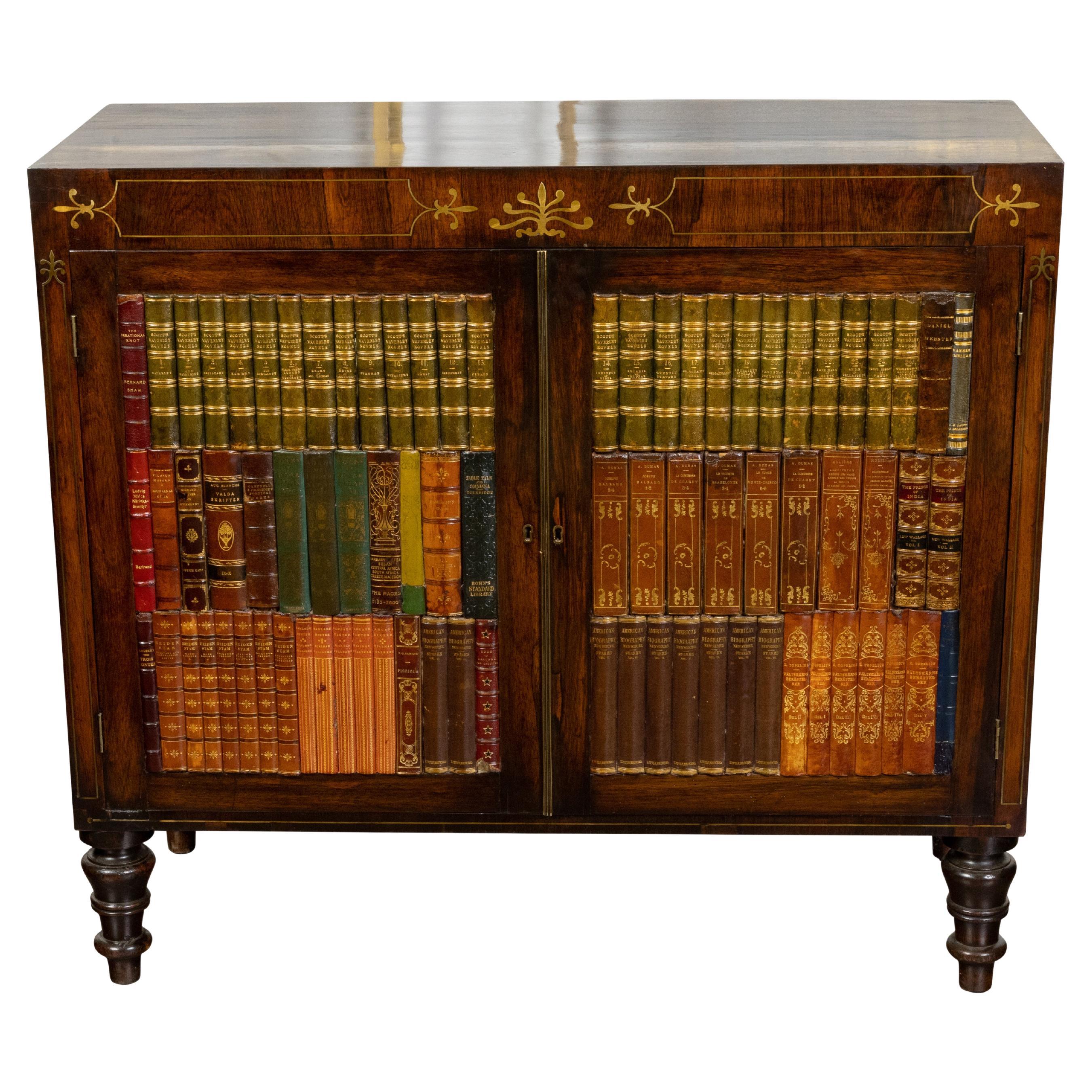 English 1840s Mahogany Cabinet with Leather Faux Books and Foliage Inlay For Sale