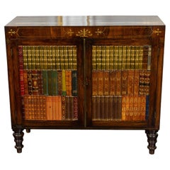 Used English 1840s Mahogany Cabinet with Leather Faux Books and Foliage Inlay