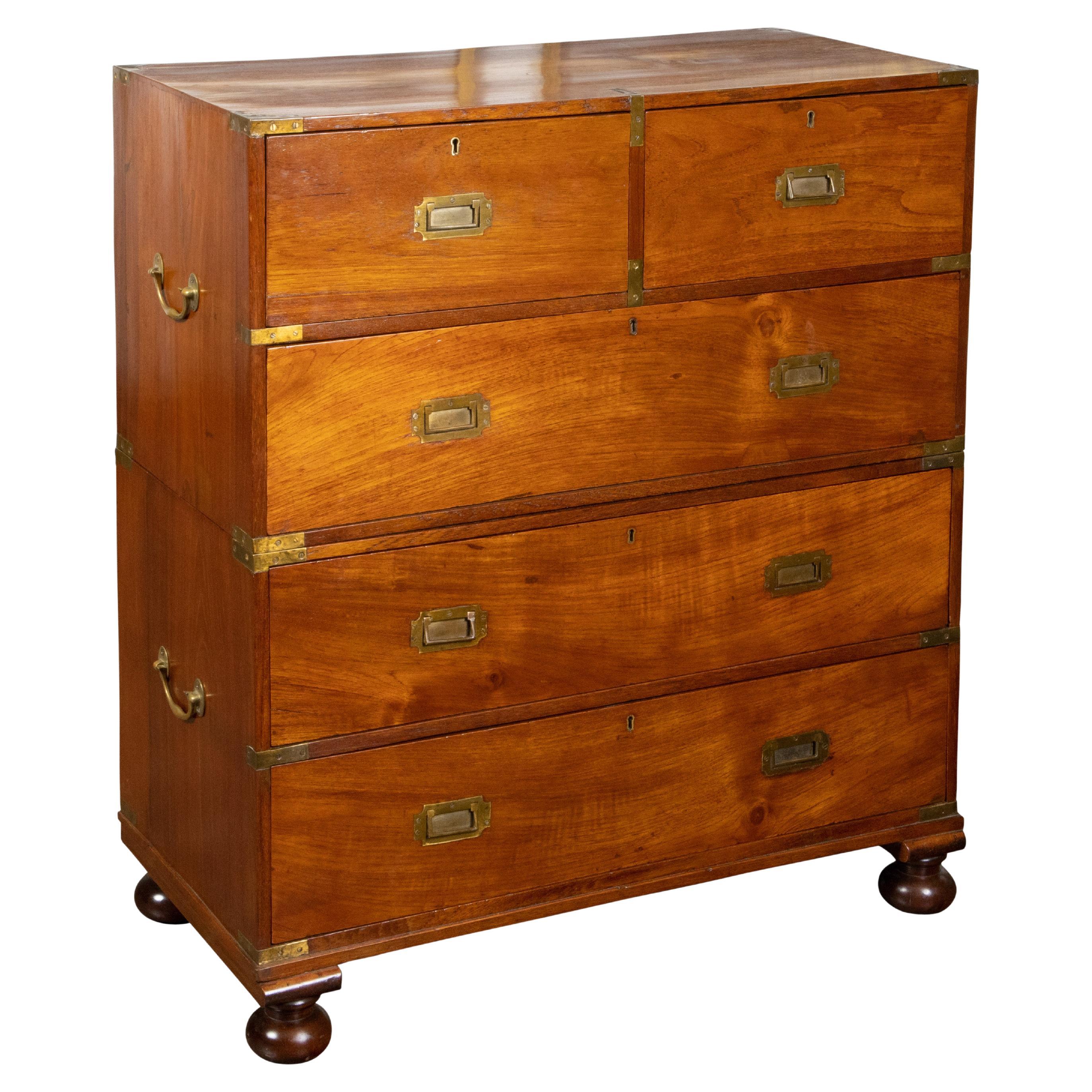 English 1840s Mahogany Campaign Chest with Five Drawers and Brass Hardware