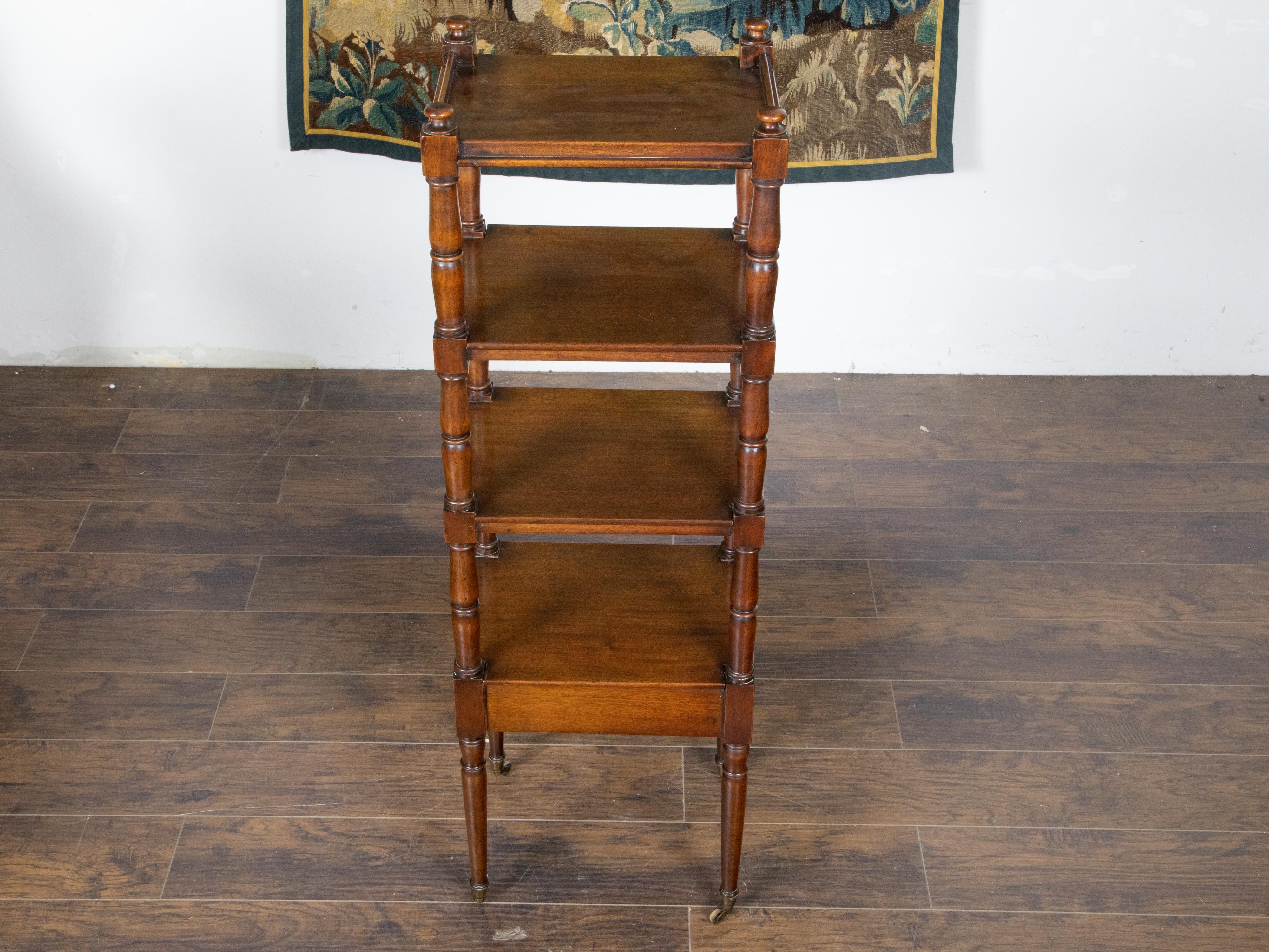 19th Century English 1840s Mahogany Four-Tiered Trolley with Turned Side Posts and Casters