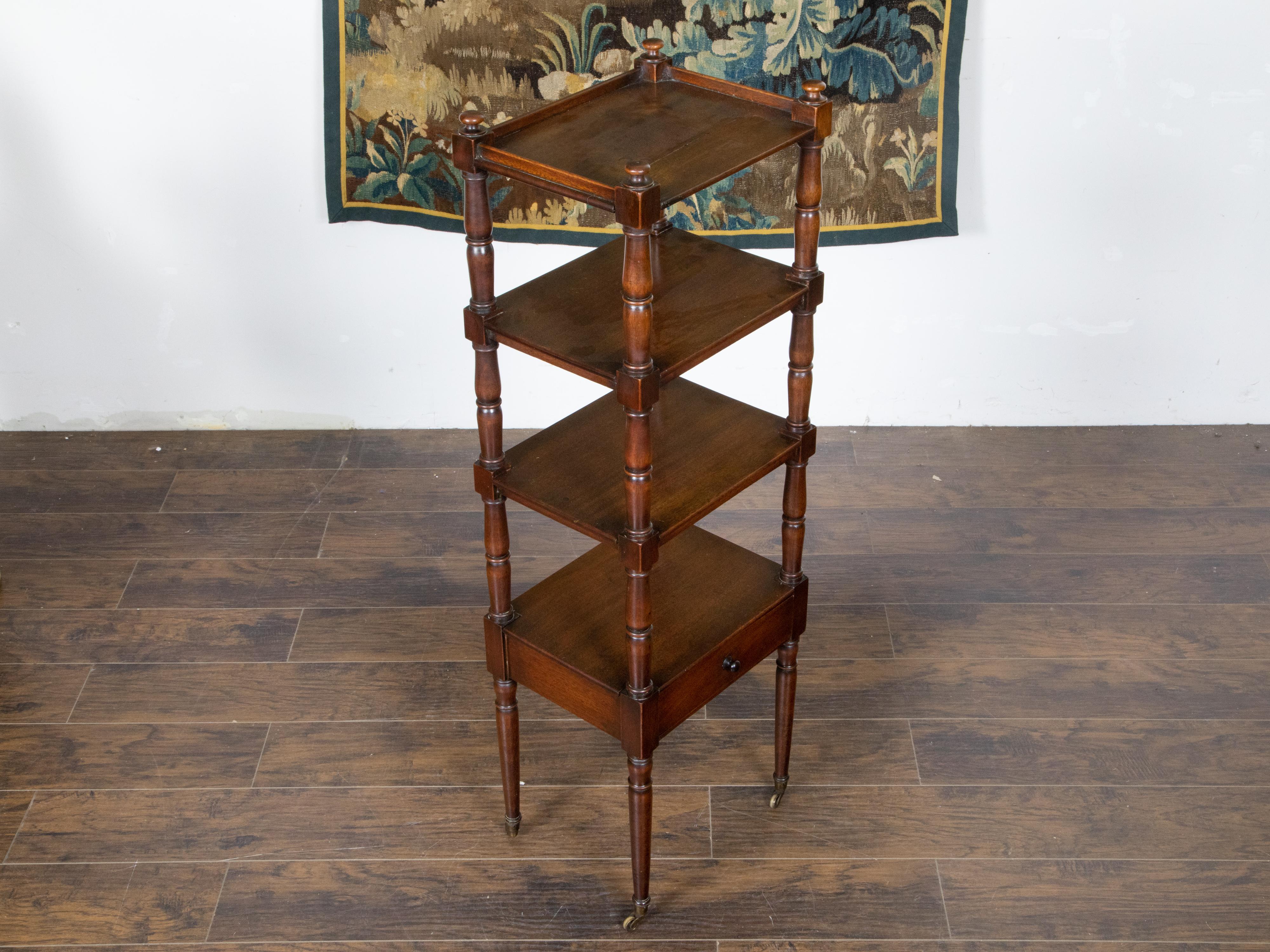 English 1840s Mahogany Four-Tiered Trolley with Turned Side Posts and Casters 1