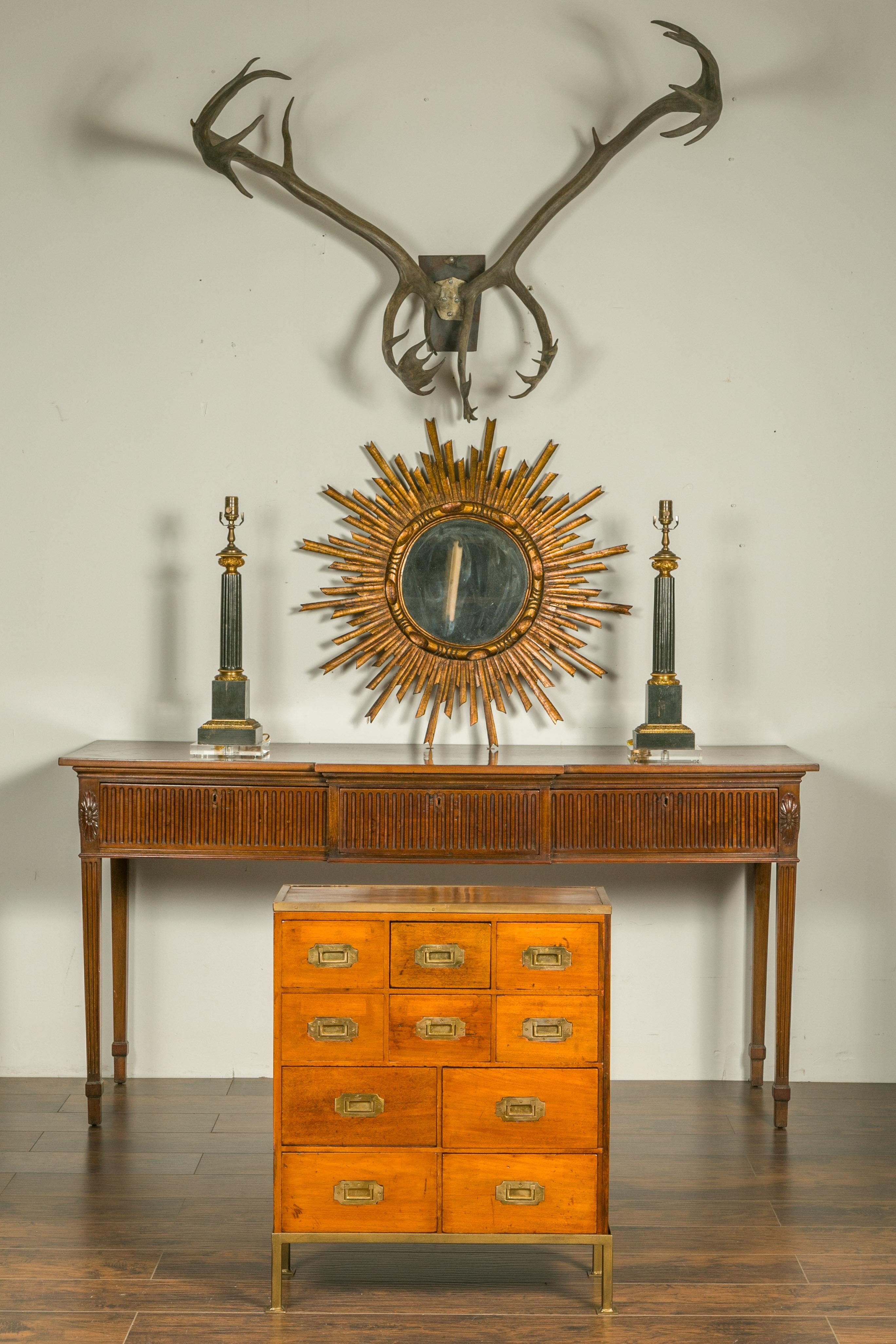 English 1840s Mahogany, Pine and Brass Campaign Chest on Custom Iron Stand In Good Condition In Atlanta, GA