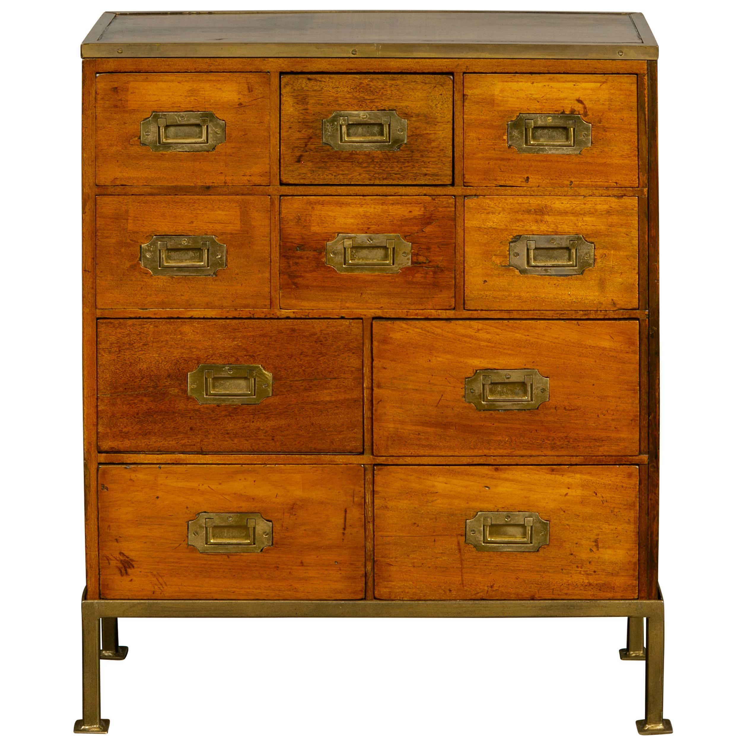 English 1840s Mahogany, Pine and Brass Campaign Chest on Custom Iron Stand