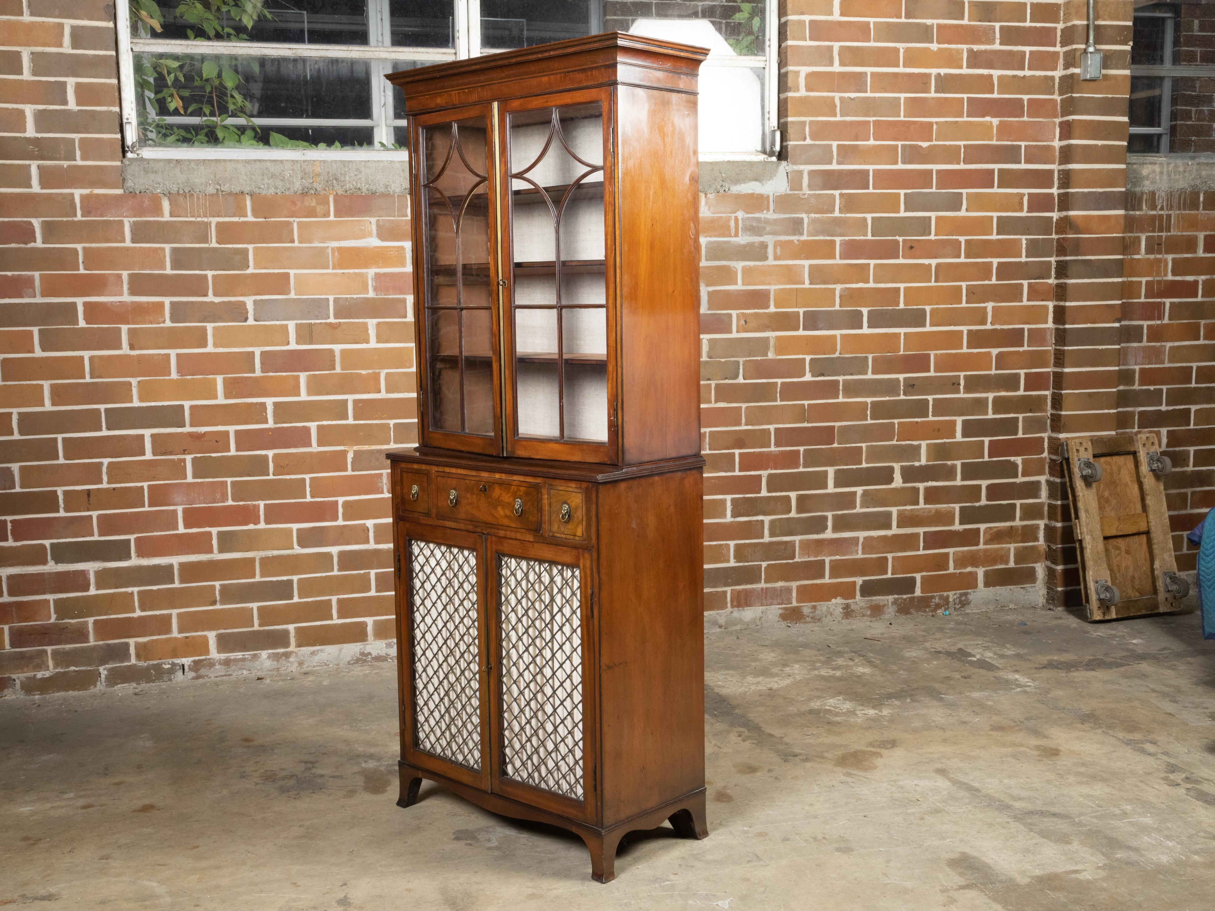 Brass English 1840s Mahogany Veneered Vitrine Cabinet with Glass Doors and Drawers For Sale