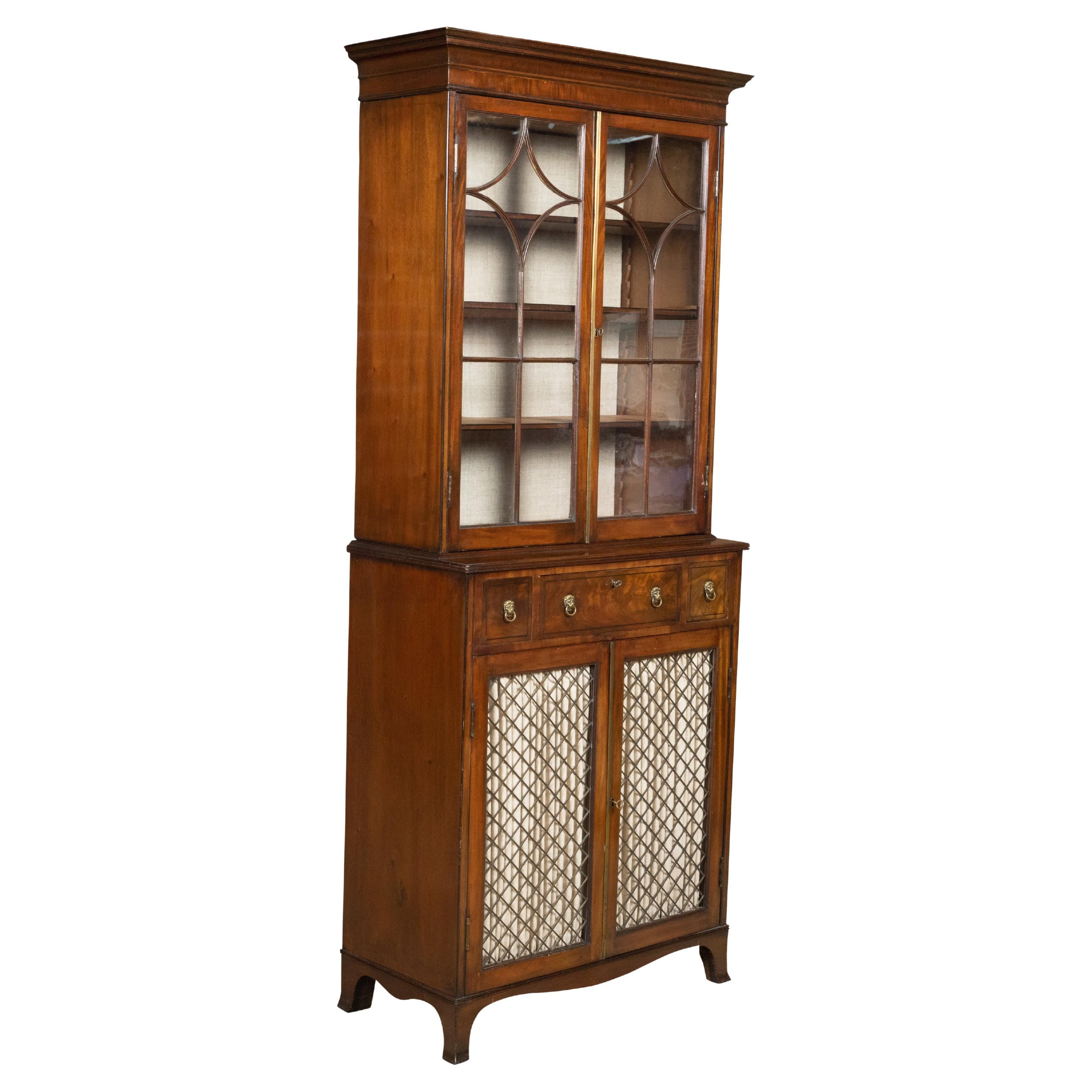 English 1840s Mahogany Veneered Vitrine Cabinet with Glass Doors and Drawers