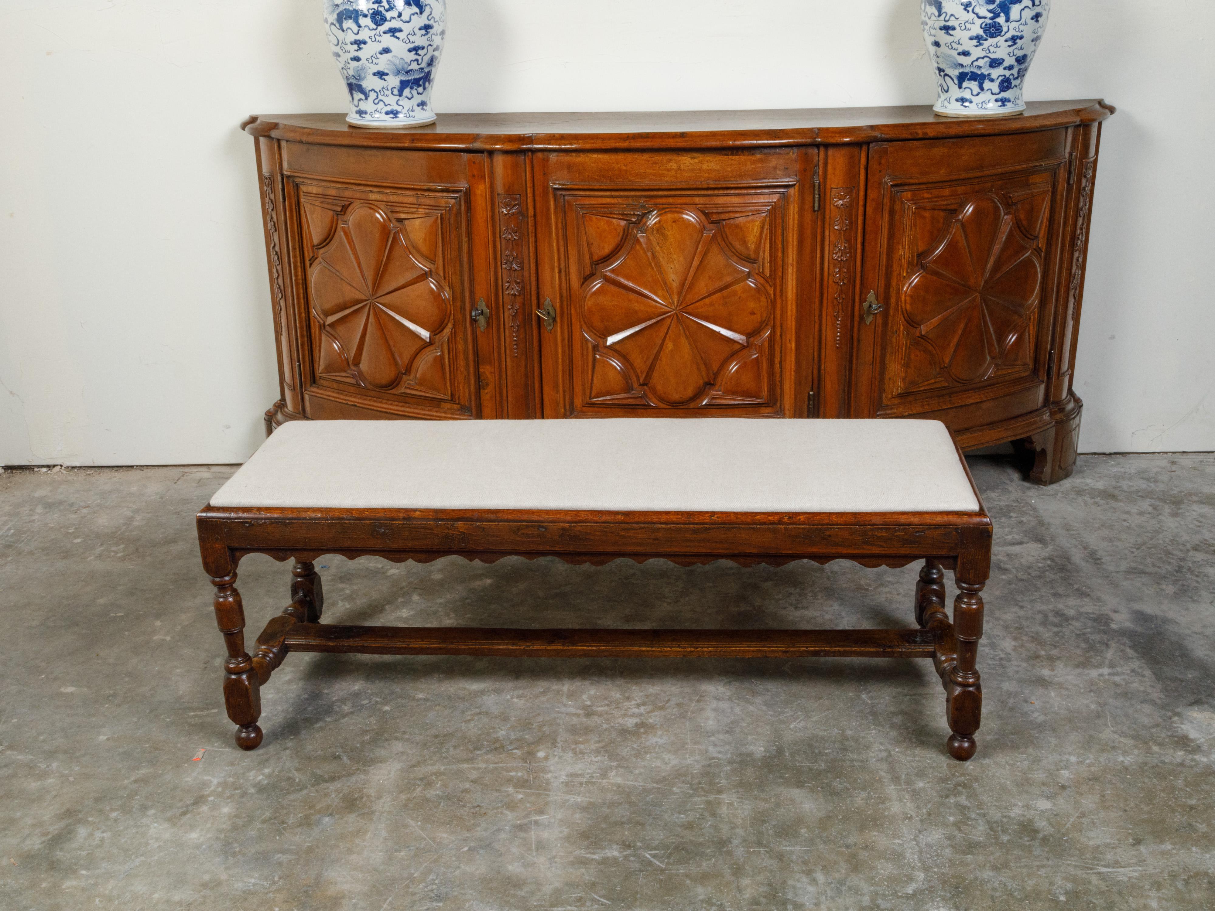 English 1840s Oak Bench with Turned Legs, H-Form Stretcher and Upholstery 5