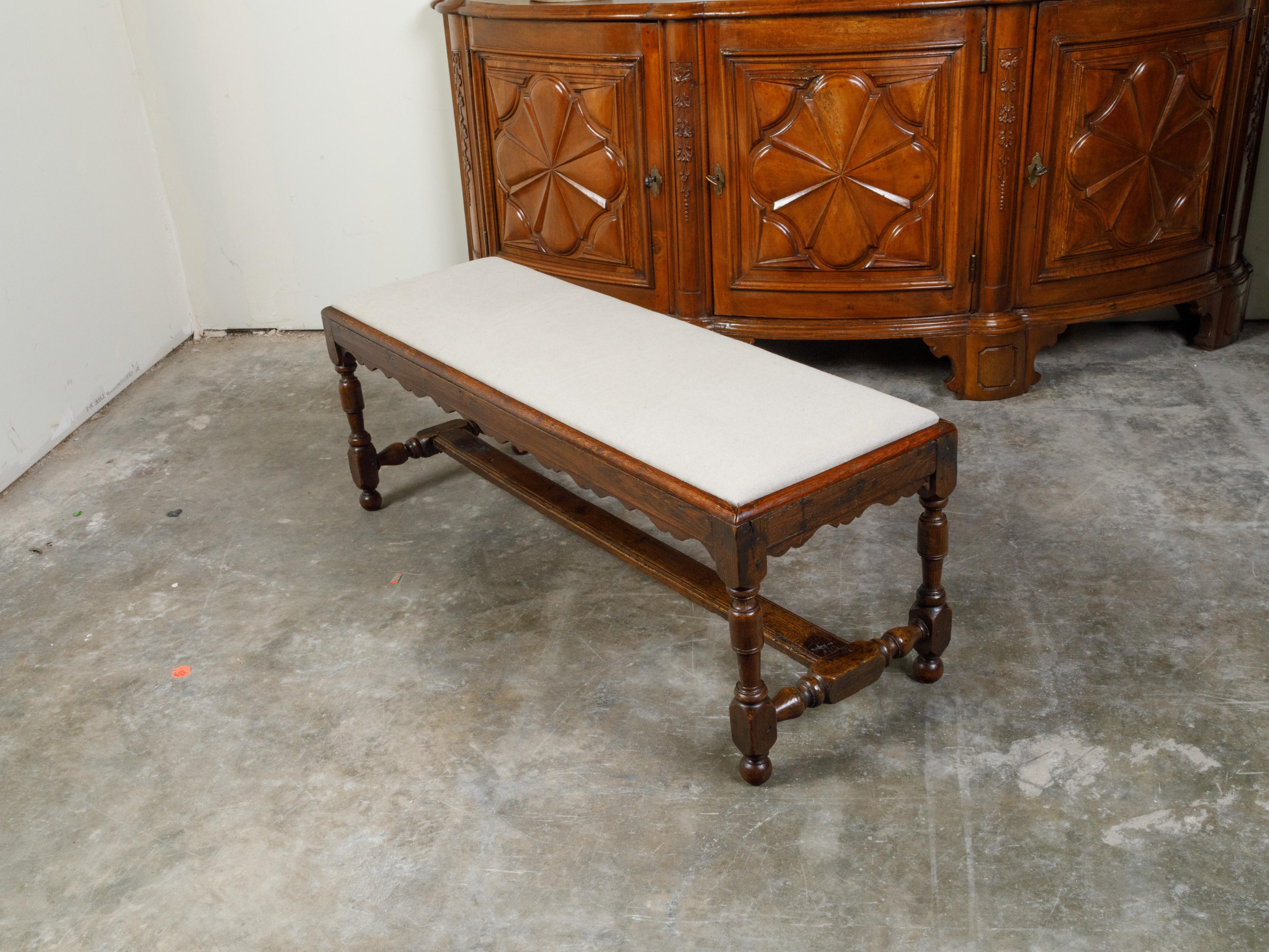 English 1840s Oak Bench with Turned Legs, H-Form Stretcher and Upholstery 6