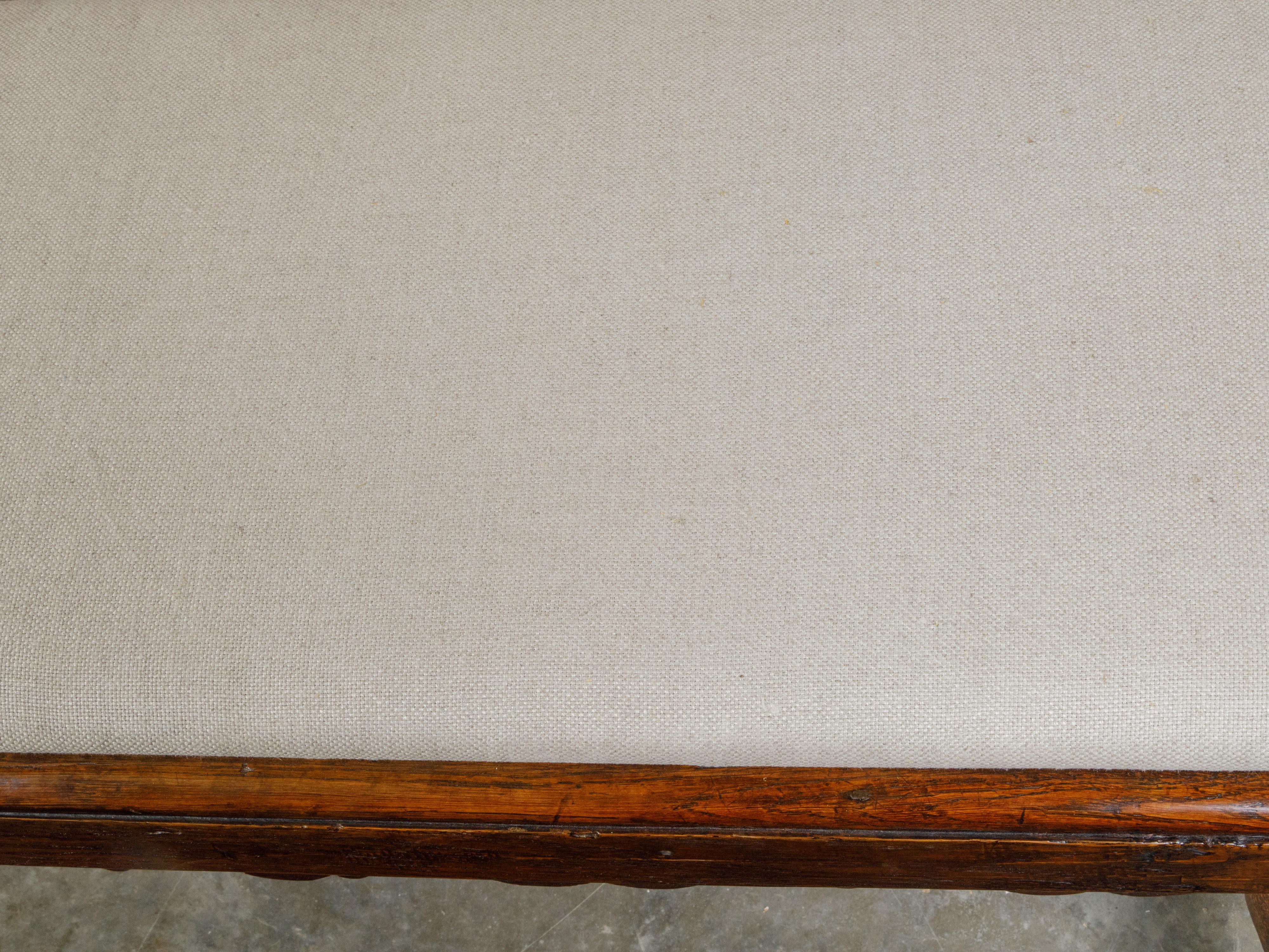 Carved English 1840s Oak Bench with Turned Legs, H-Form Stretcher and Upholstery