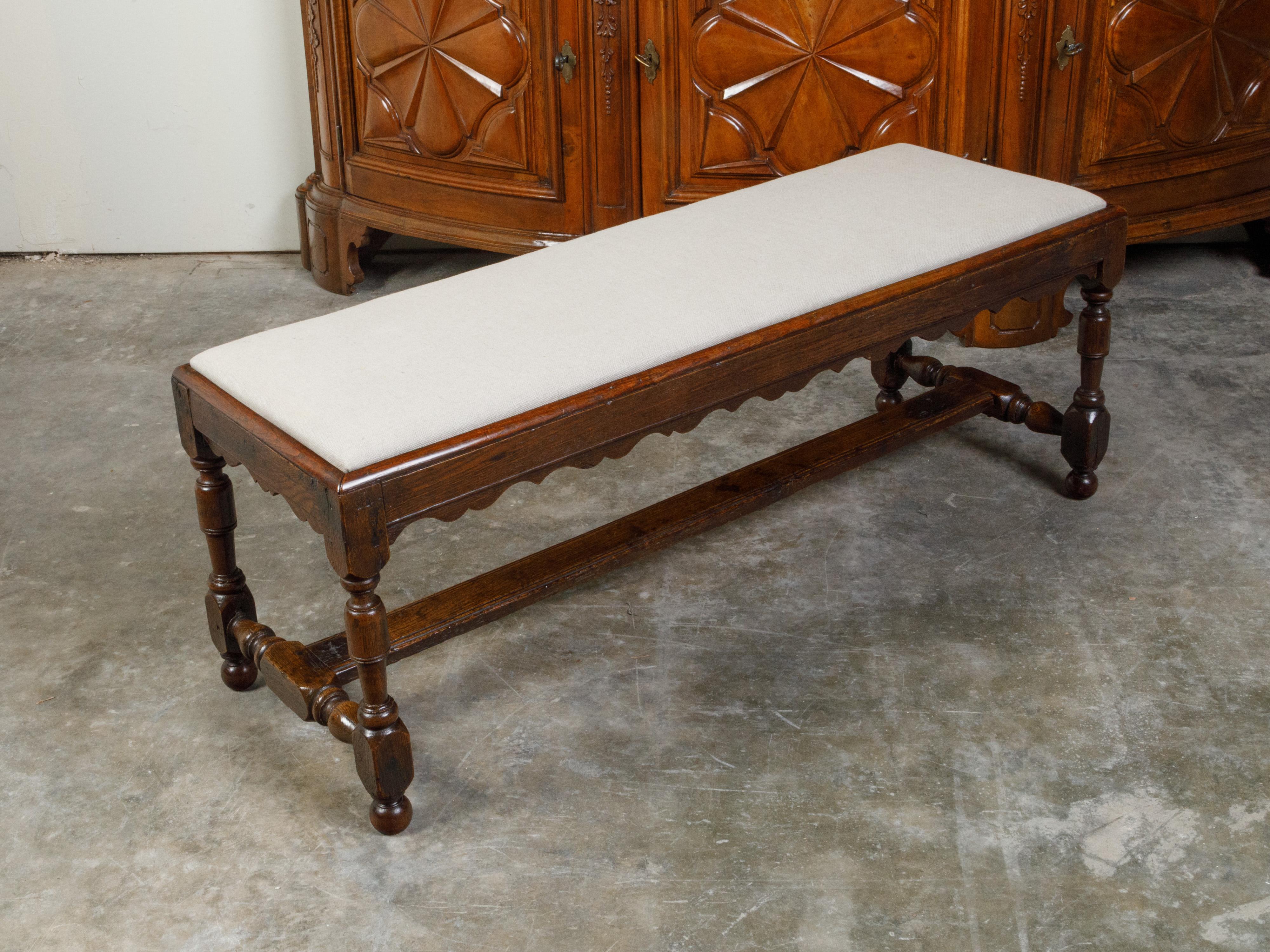 English 1840s Oak Bench with Turned Legs, H-Form Stretcher and Upholstery 1