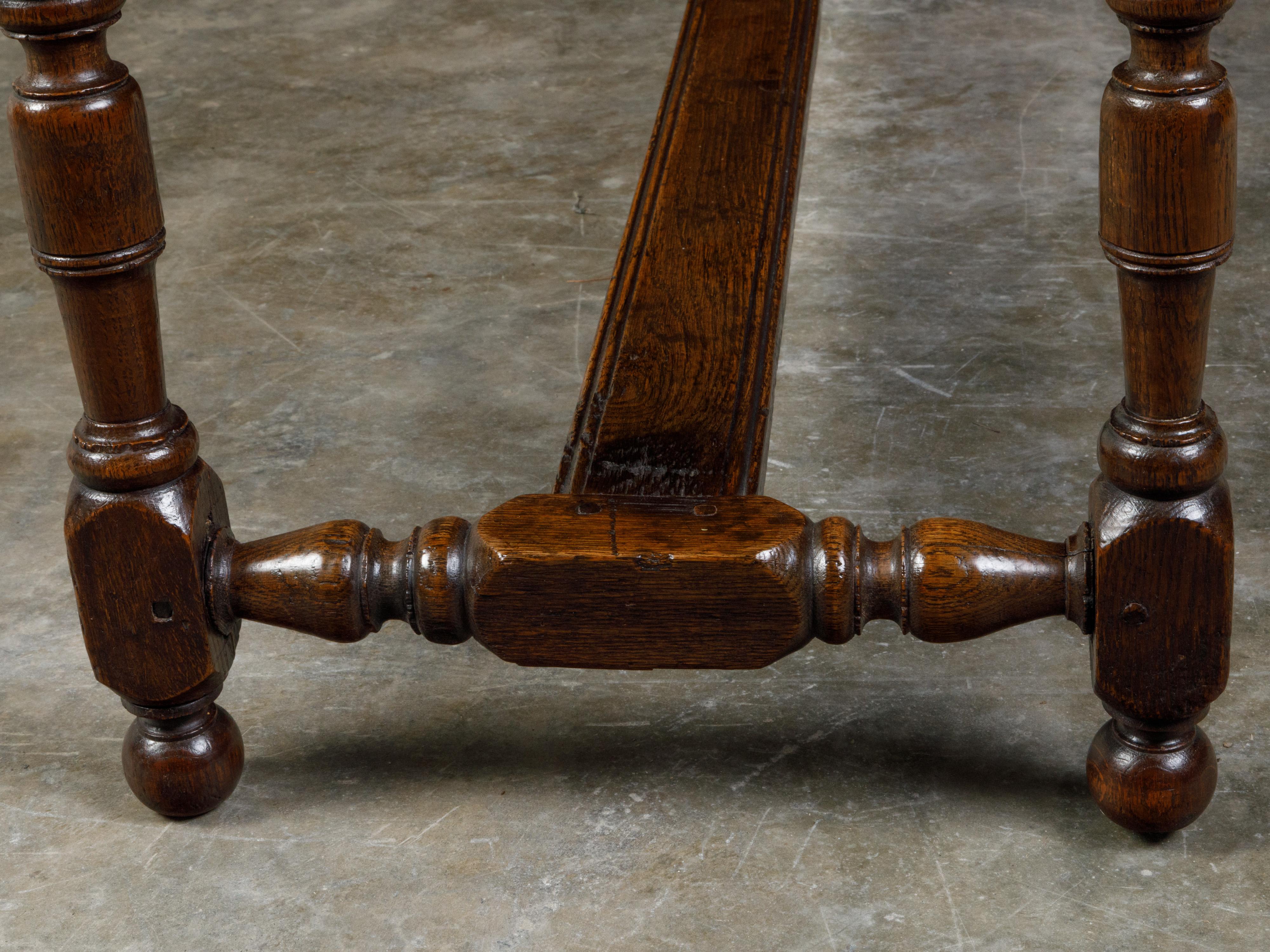 English 1840s Oak Bench with Turned Legs, H-Form Stretcher and Upholstery 3