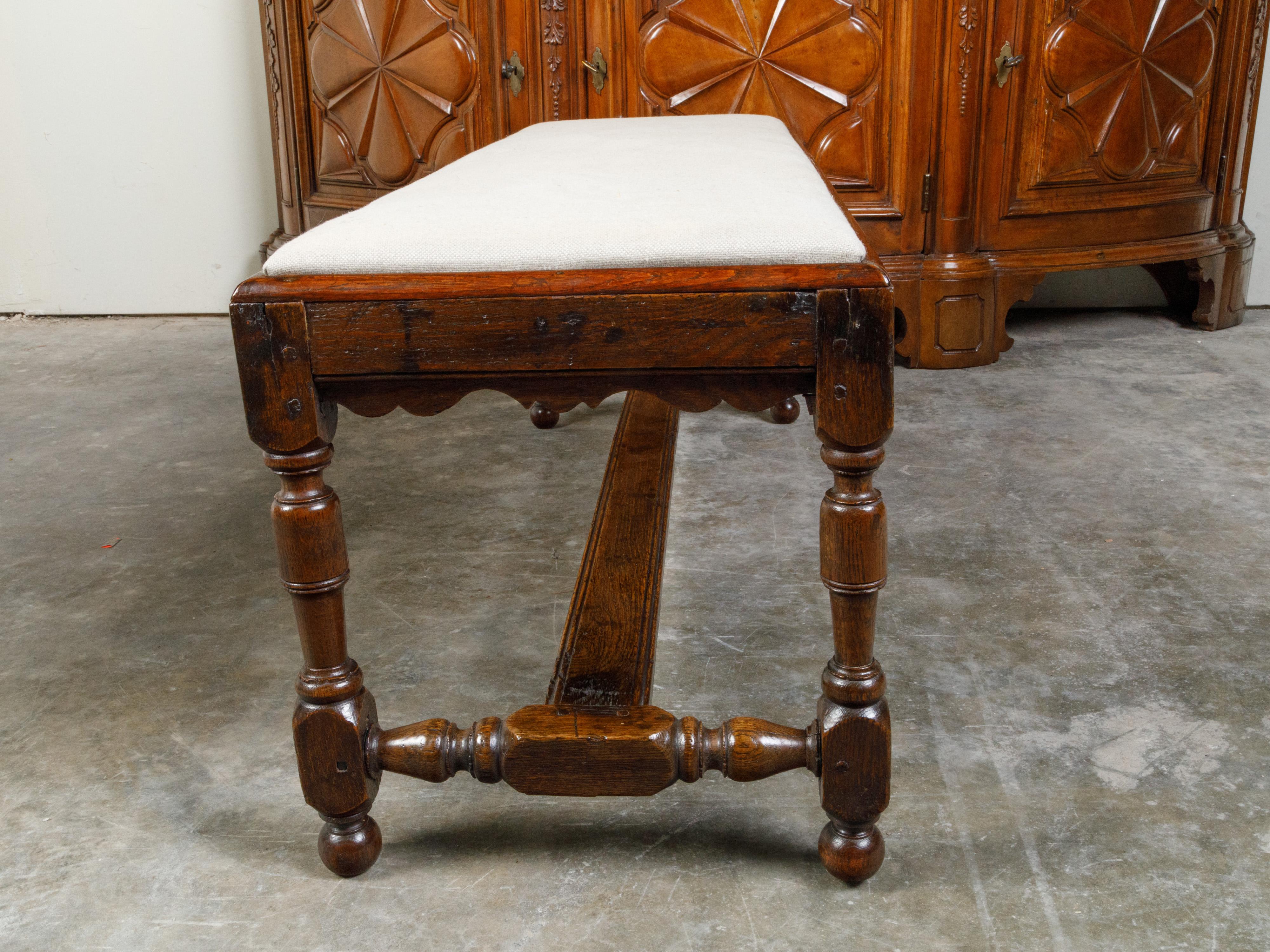 English 1840s Oak Bench with Turned Legs, H-Form Stretcher and Upholstery 4