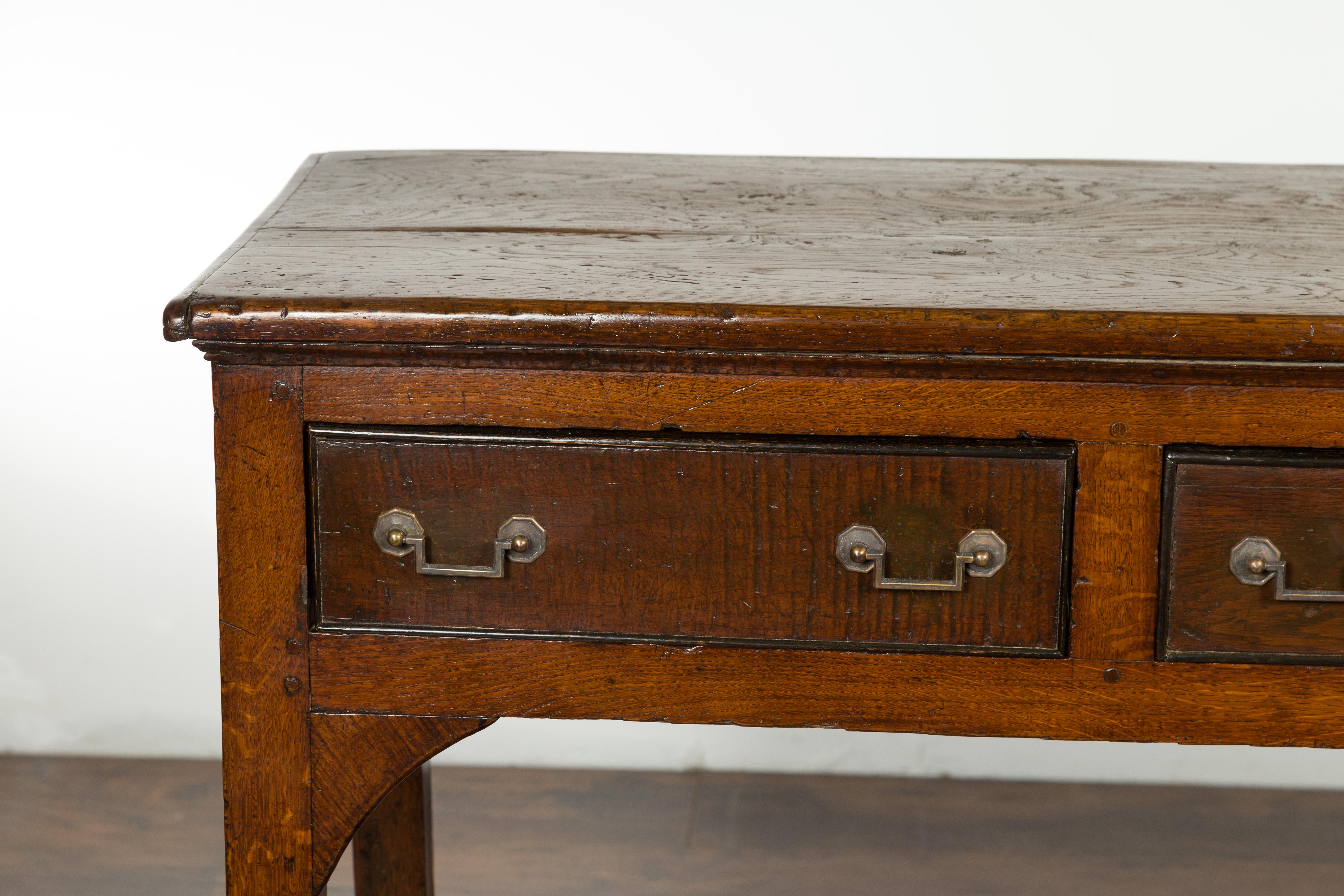 English 1840s Oak Dresser Base with Three Drawers and Lower Slatted Shelf 1