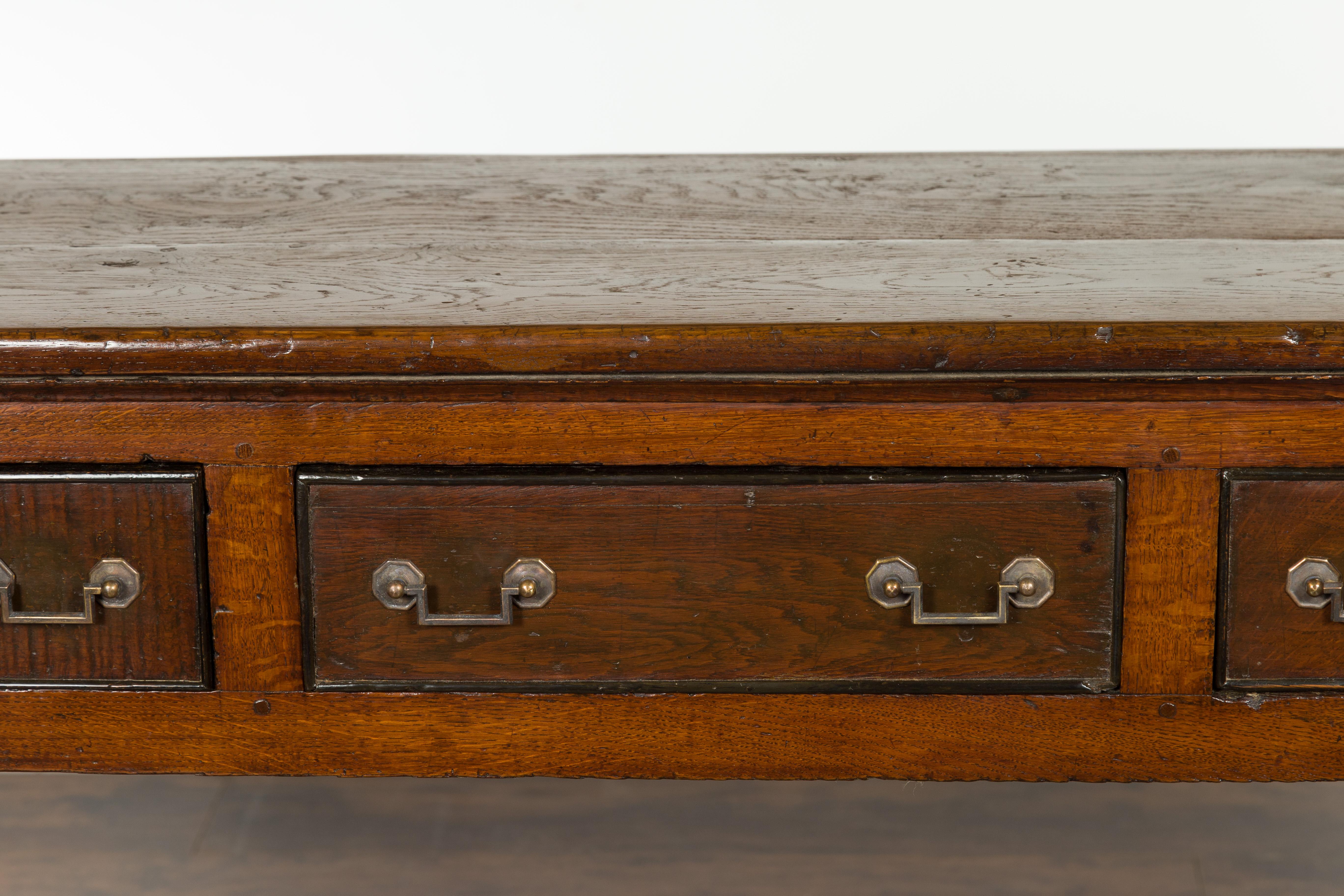 English 1840s Oak Dresser Base with Three Drawers and Lower Slatted Shelf 2