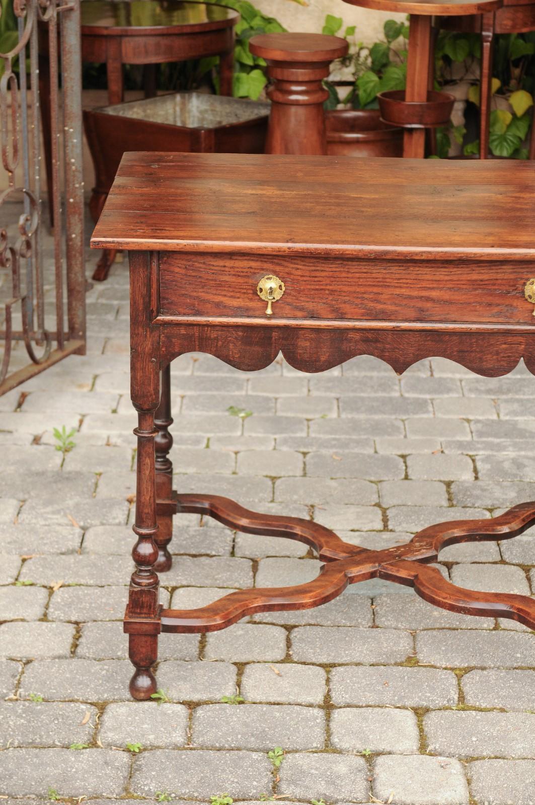 English 1840s Oak Side Table with Turned Legs and Curving X-Form Cross Stretcher 5