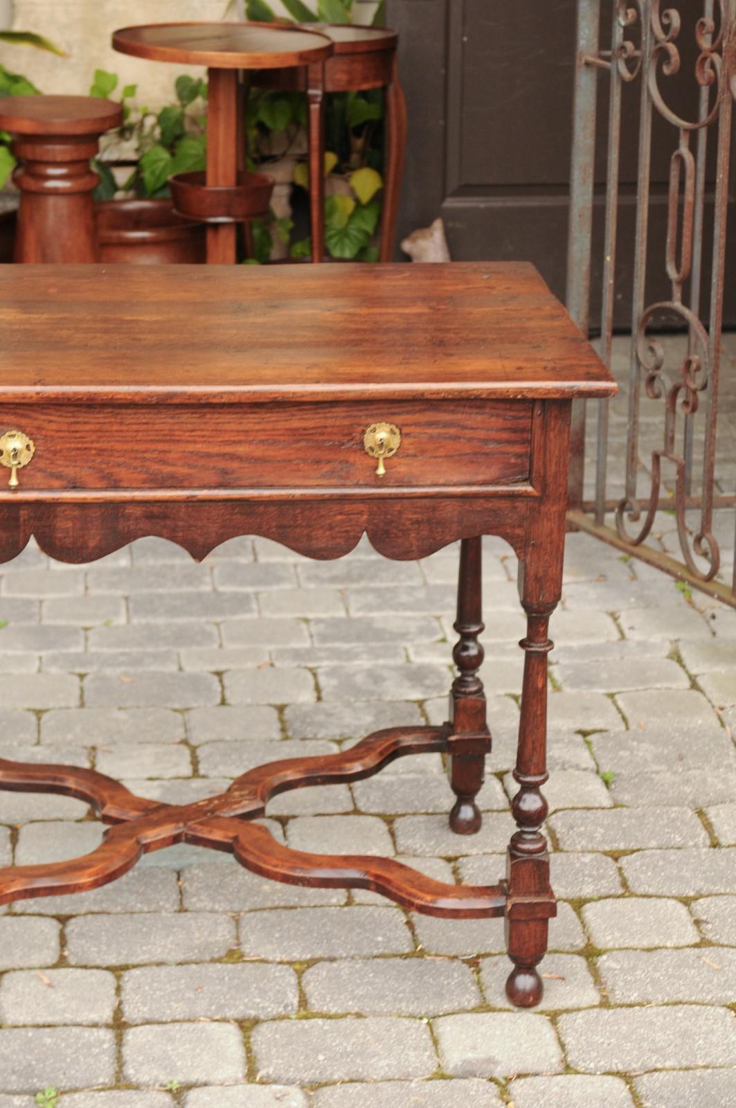 English 1840s Oak Side Table with Turned Legs and Curving X-Form Cross Stretcher 6