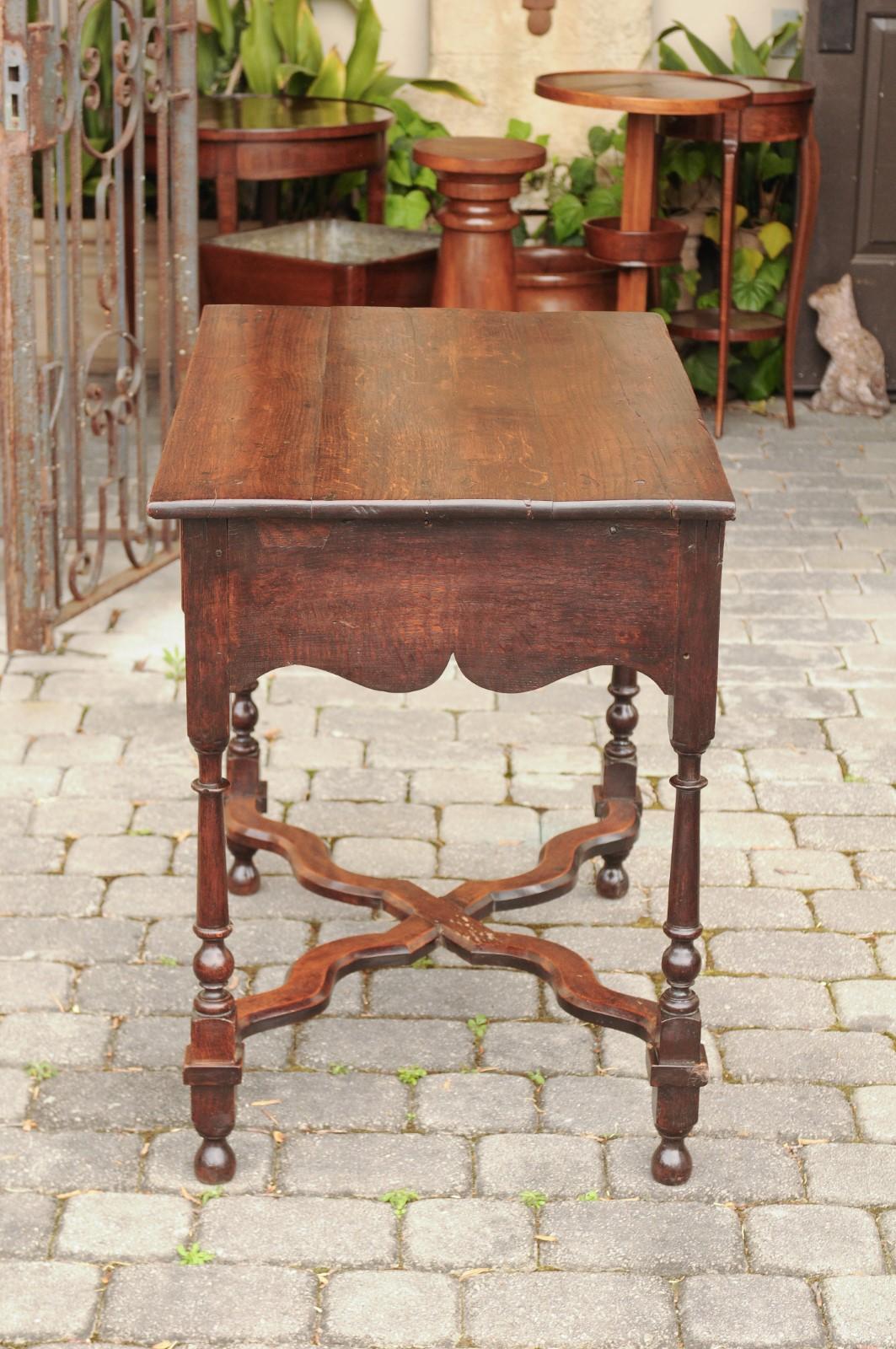 English 1840s Oak Side Table with Turned Legs and Curving X-Form Cross Stretcher 1