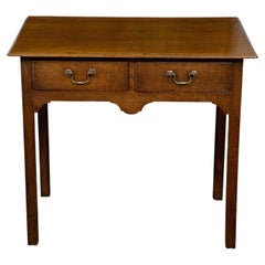 Antique English 1840s Oak Side Table with Two Drawers, Carved Apron and Straight Legs