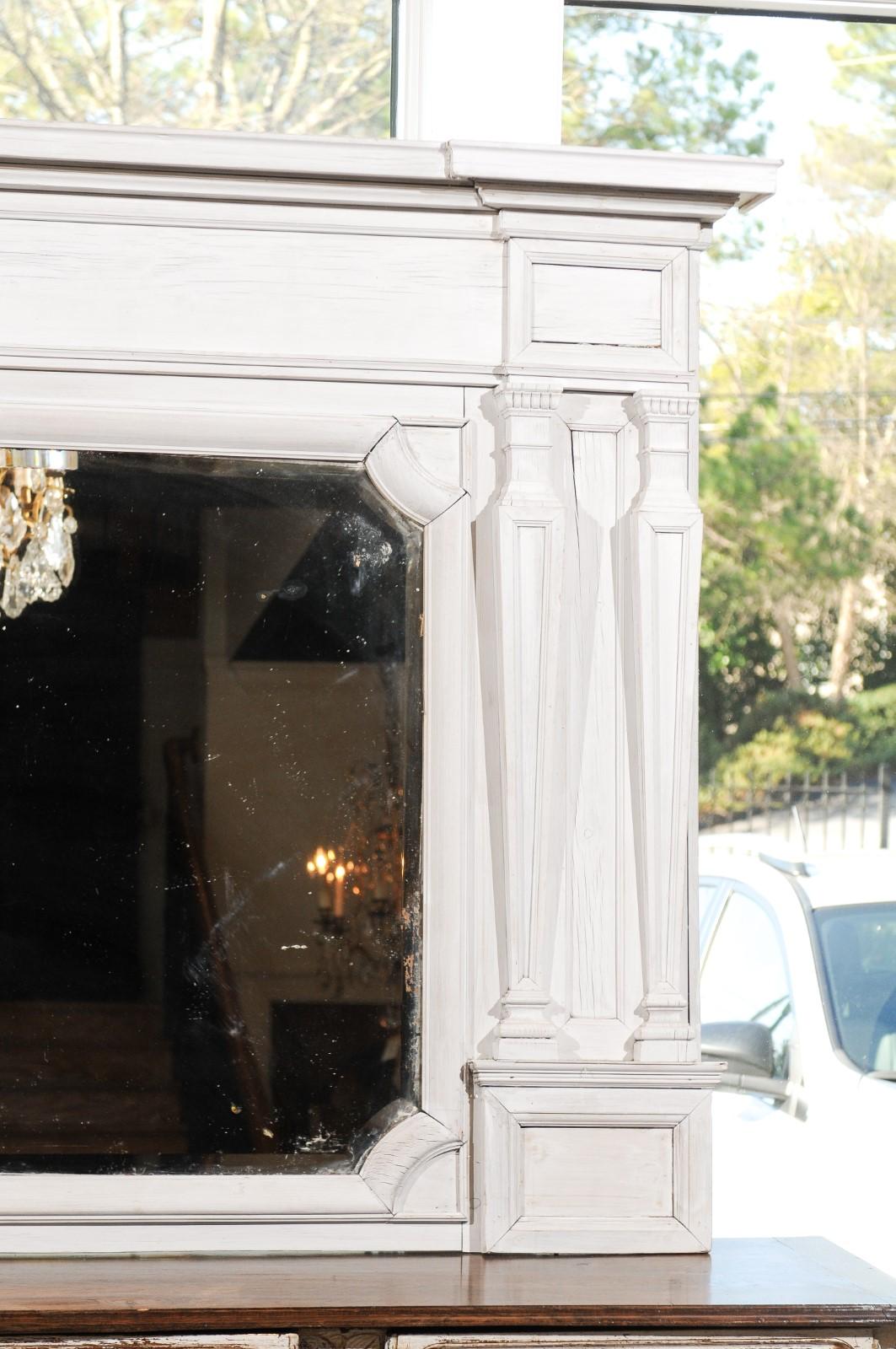 English 1840s Painted Wood Over Mantel Mirror with Classical Tapering Pilasters 1