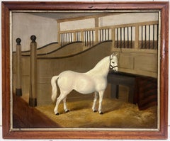 1840's English Antique Oil Painting White Horse in Stable Interior signed dated