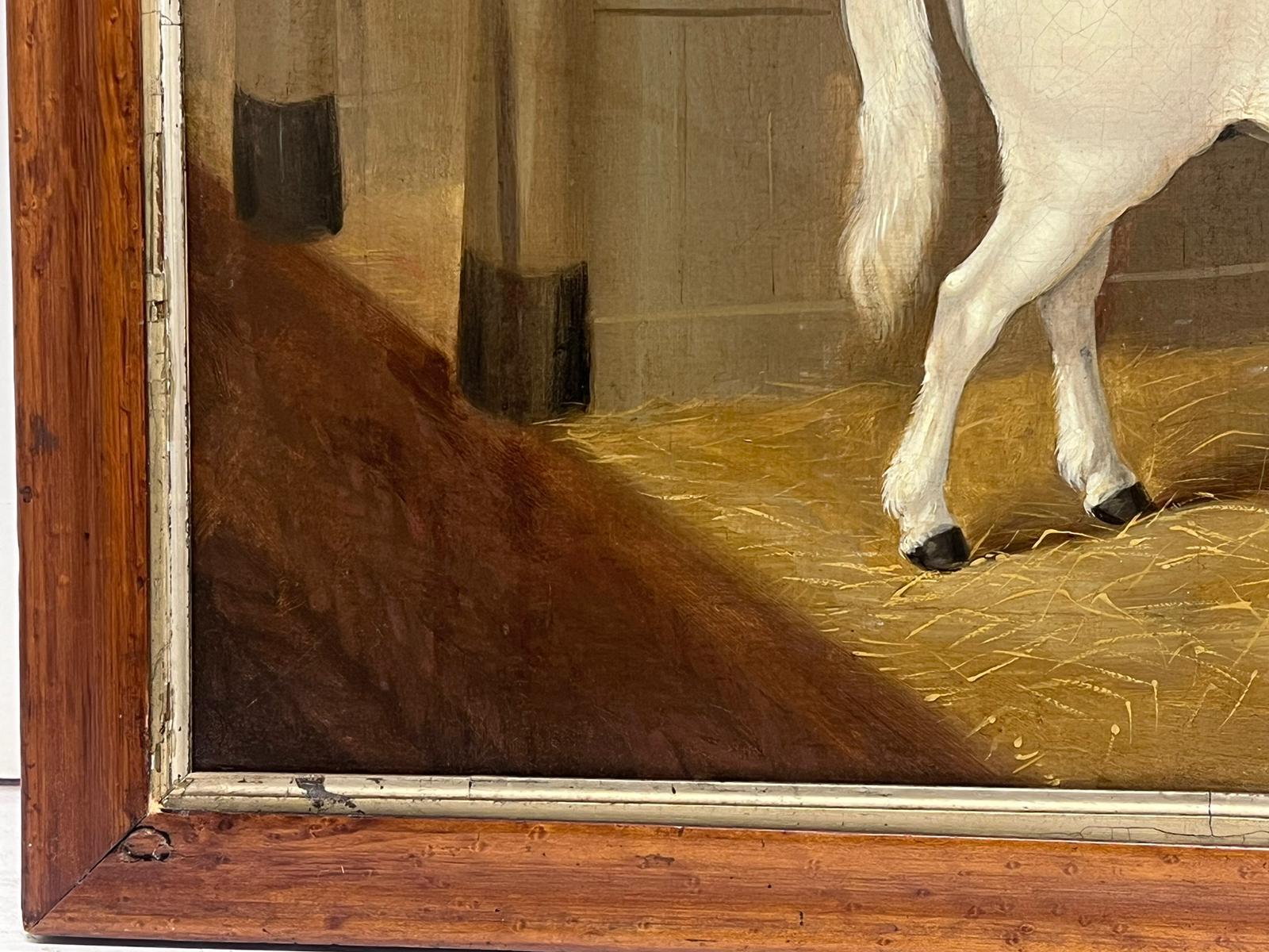 1840's English Antique Oil Painting White Horse in Stable Interior signed dated For Sale 1