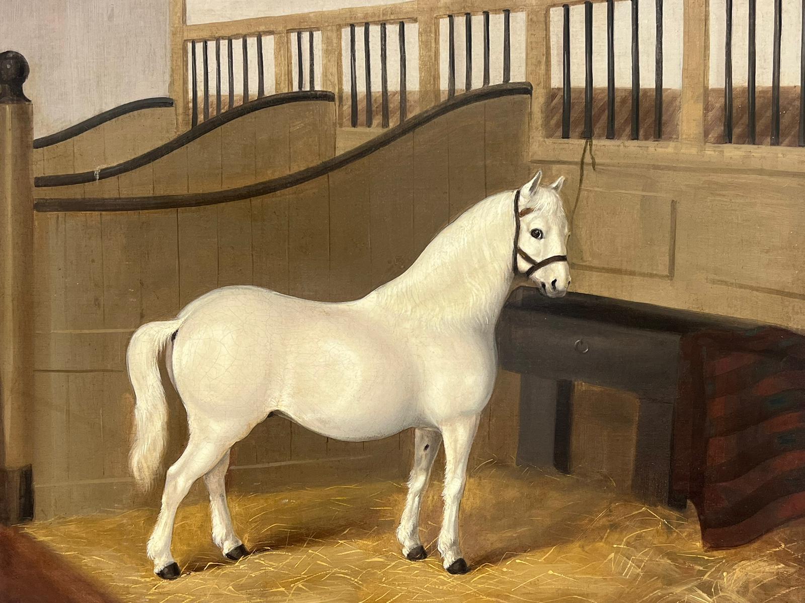 1840's English Antique Oil Painting White Horse in Stable Interior signed dated For Sale 4