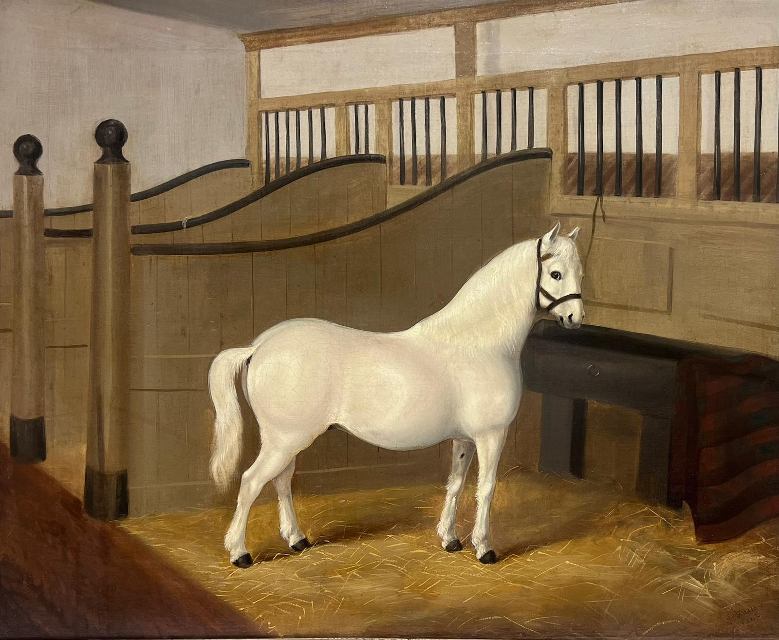 1840 Antique peinture à l'huile anglaise Cheval blanc dans l'intérieur d'une écurie signée et datée