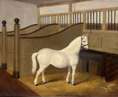 1840's English Antique Oil Painting White Horse in Stable Interior signed dated