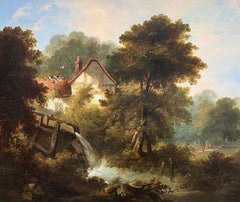 Fine Large 19th Century English Watermill Scene Oil Painting Cottage by Stream
