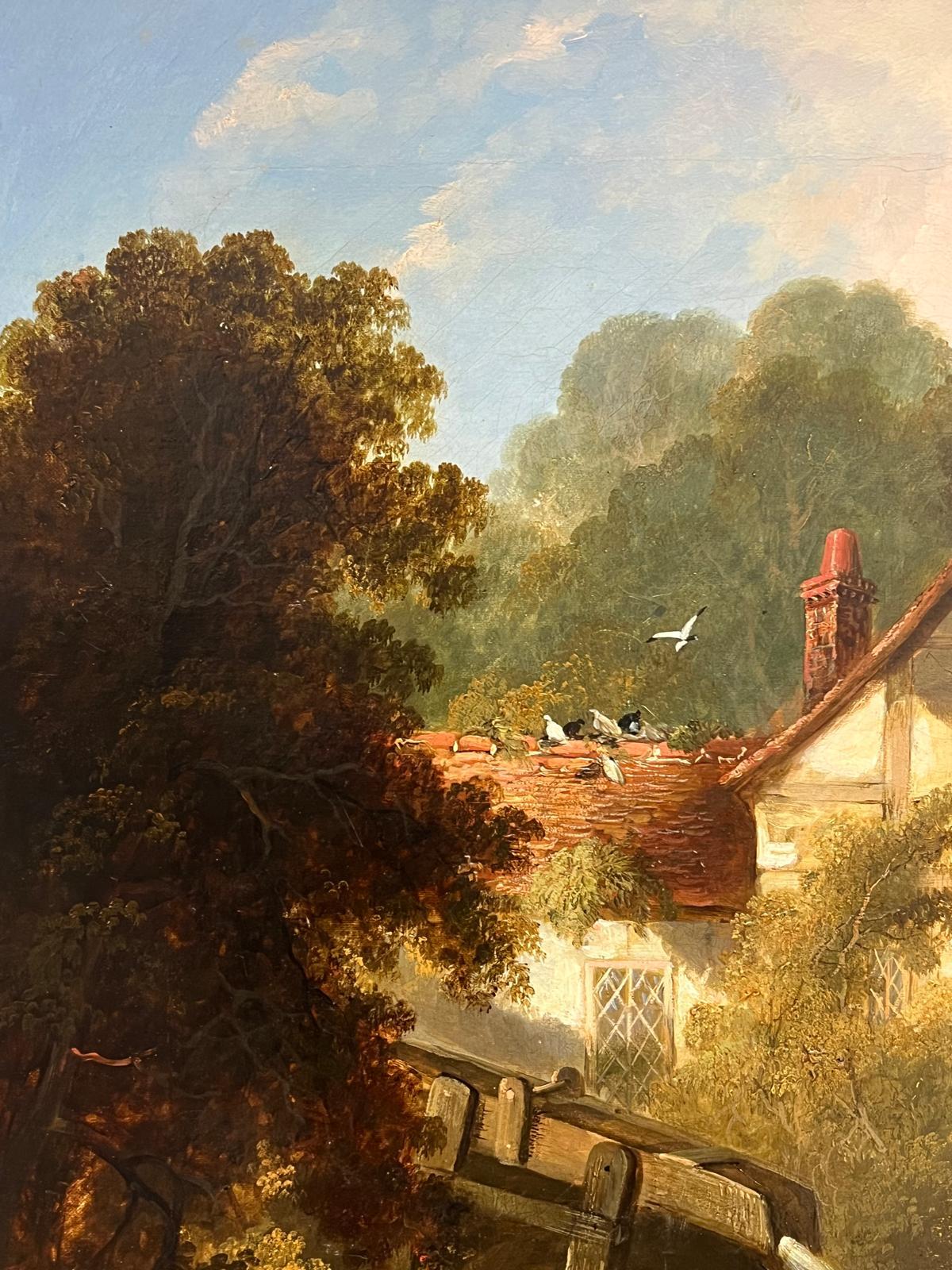 Fine Large 19th Century English Watermill Scene Oil Painting Cottage by Stream For Sale 4