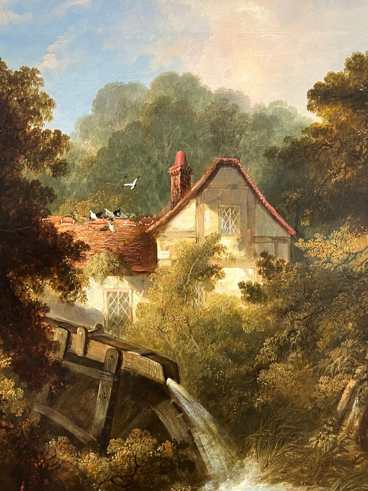 Fine Large 19th Century English Watermill Scene Oil Painting Cottage by Stream For Sale 6