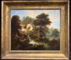 Antique Fine Large 19th Century English Watermill Scene Oil Painting Cottage by Stream