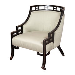 English 1840s Regency Ebonized Barrelback Slipper Chair with Upholstery