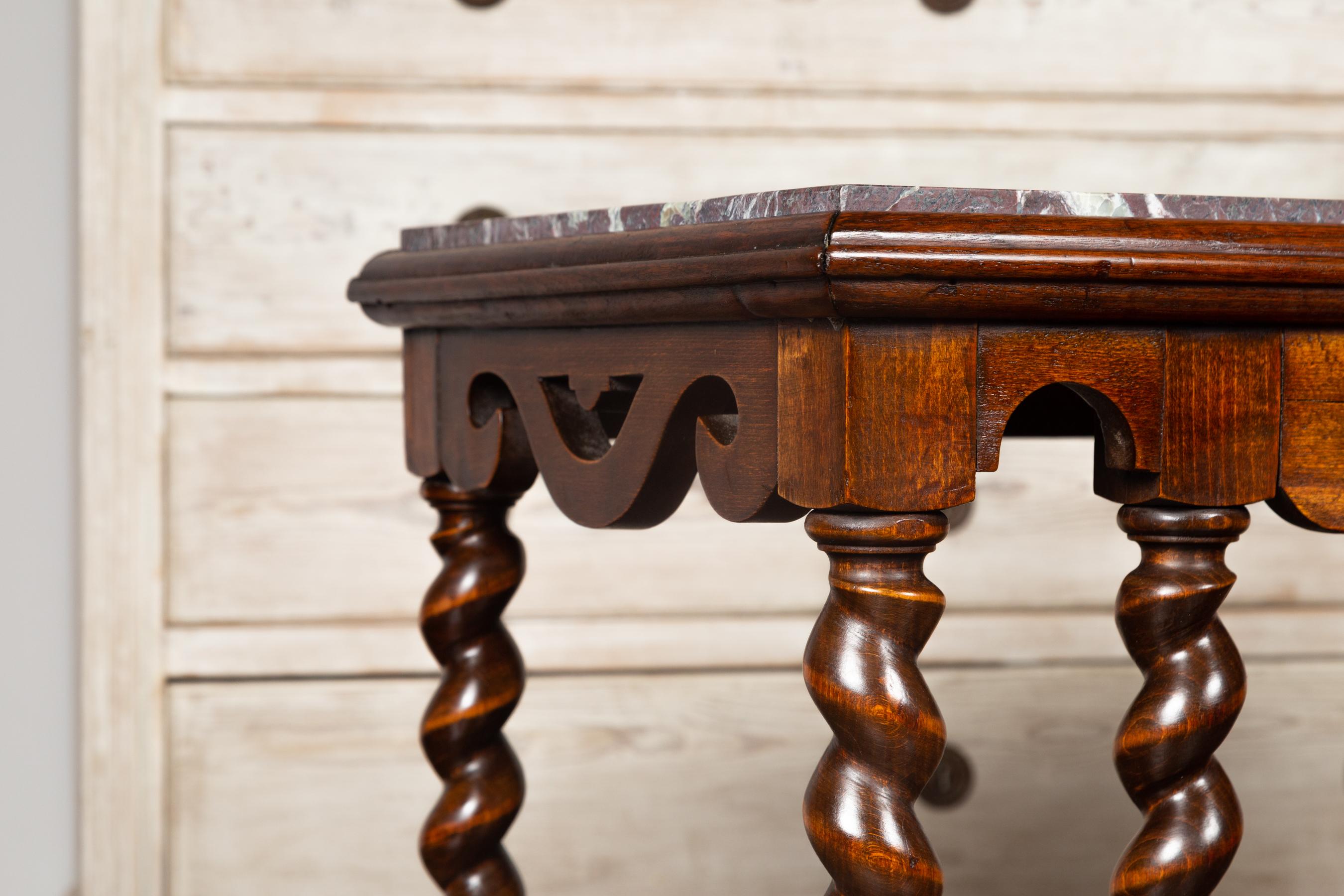 Tavolo consolle in mogano Barley Twist inglese del 1850 con piano in marmo rosso in vendita 4