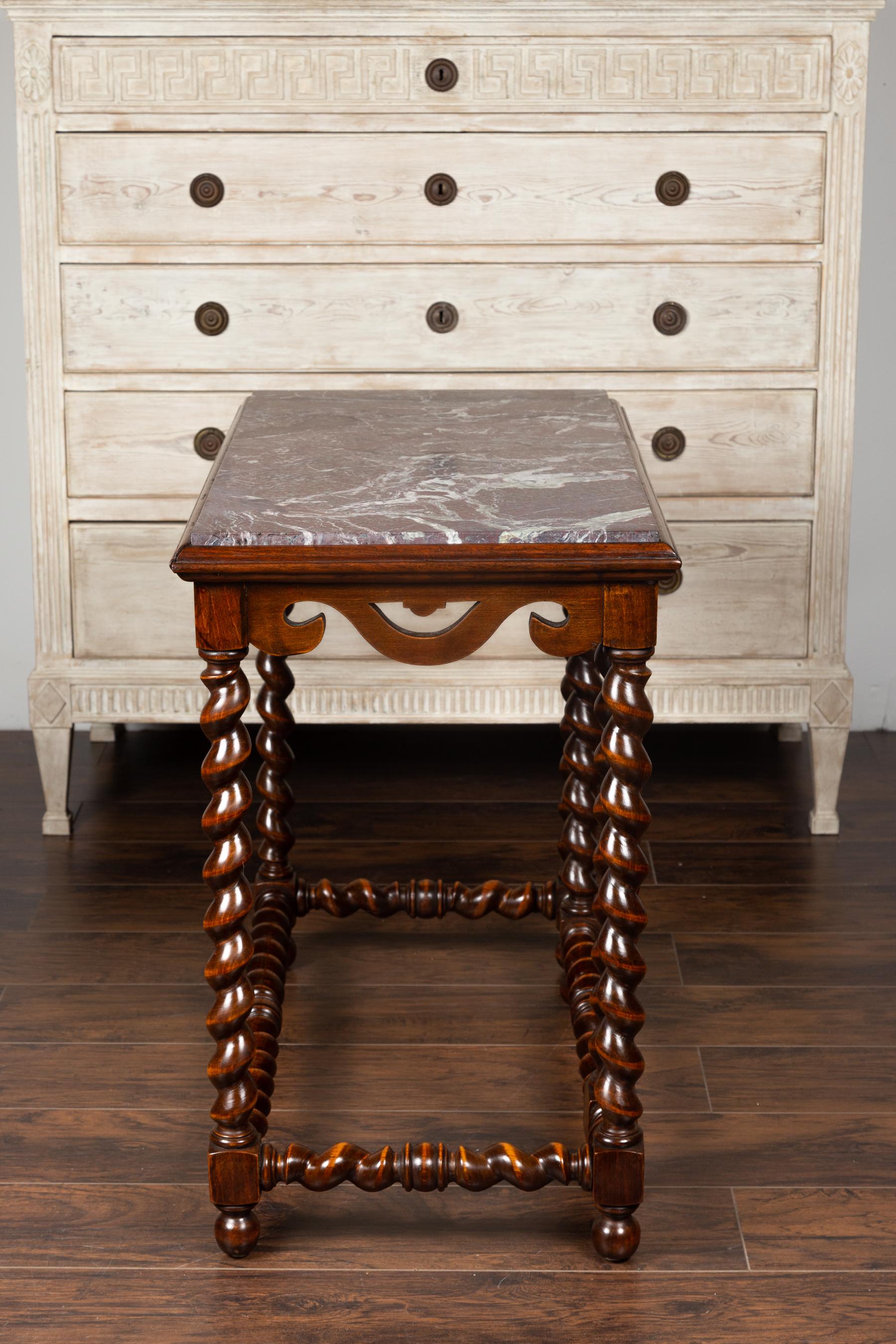 Tavolo consolle in mogano Barley Twist inglese del 1850 con piano in marmo rosso in vendita 5