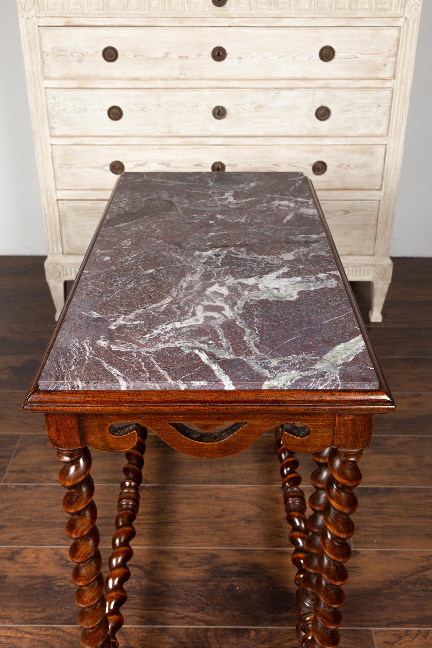 English 1850s Barley Twist Mahogany Console Table with Red Marble Top For Sale 7