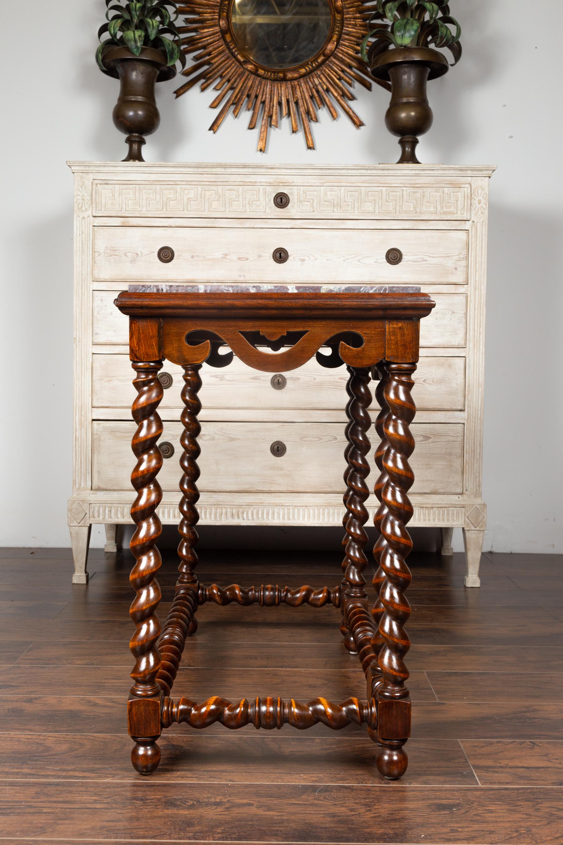 English 1850s Barley Twist Mahogany Console Table with Red Marble Top For Sale 9