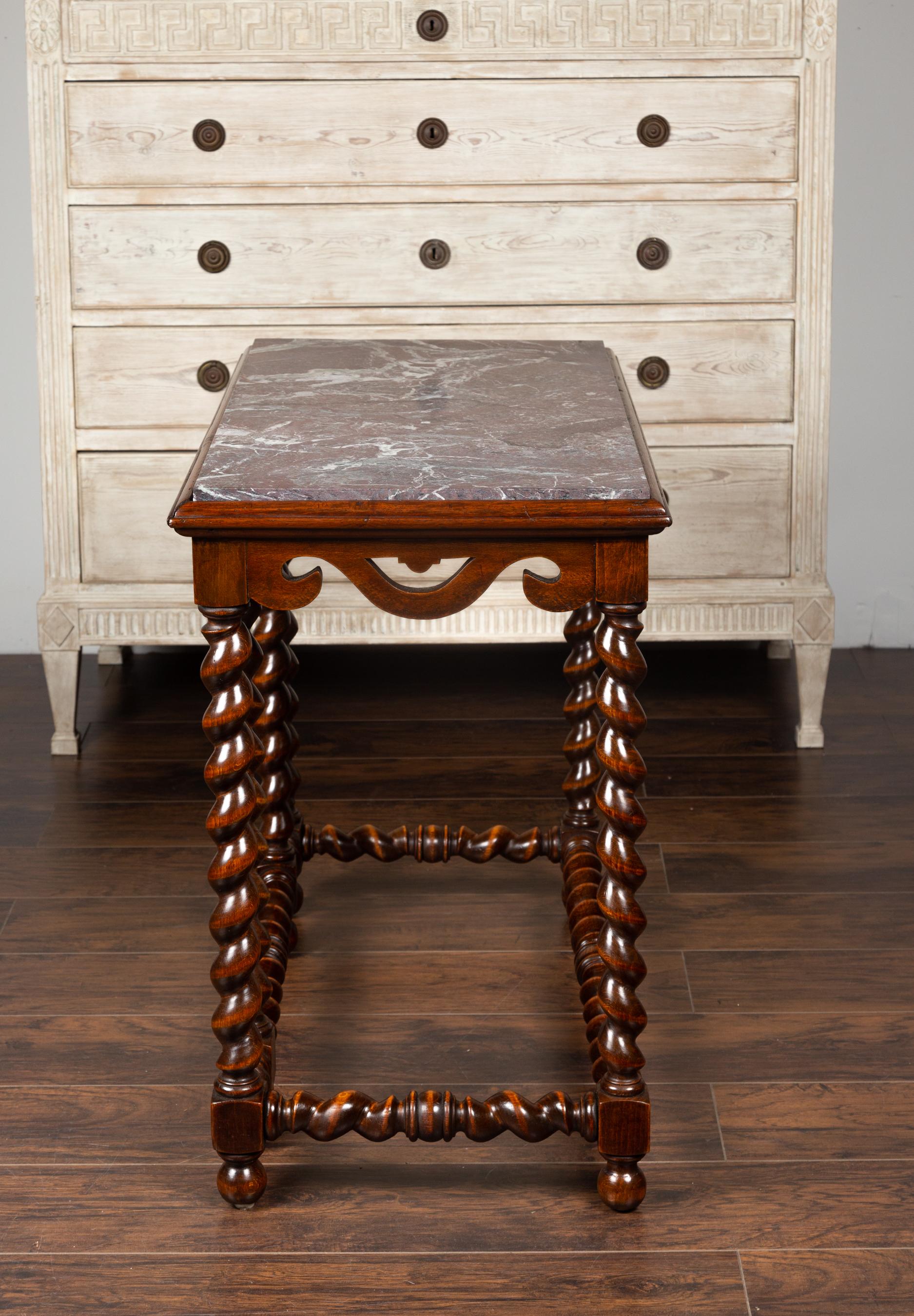 Tavolo consolle in mogano Barley Twist inglese del 1850 con piano in marmo rosso in vendita 11